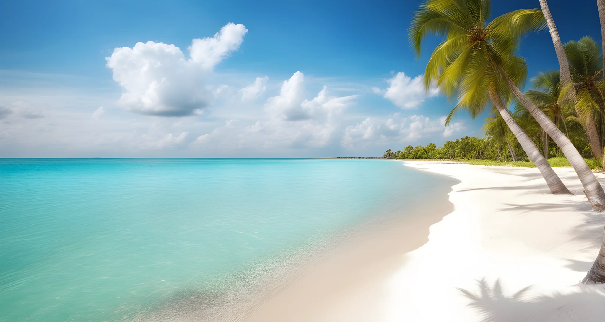 The image shows a beautiful beach with clear blue water, palm trees, and a white sandy shore.