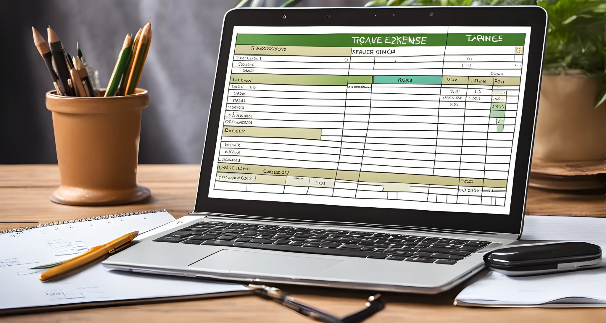 The image shows a budget planner notebook and a laptop displaying a spreadsheet with travel expense categories.