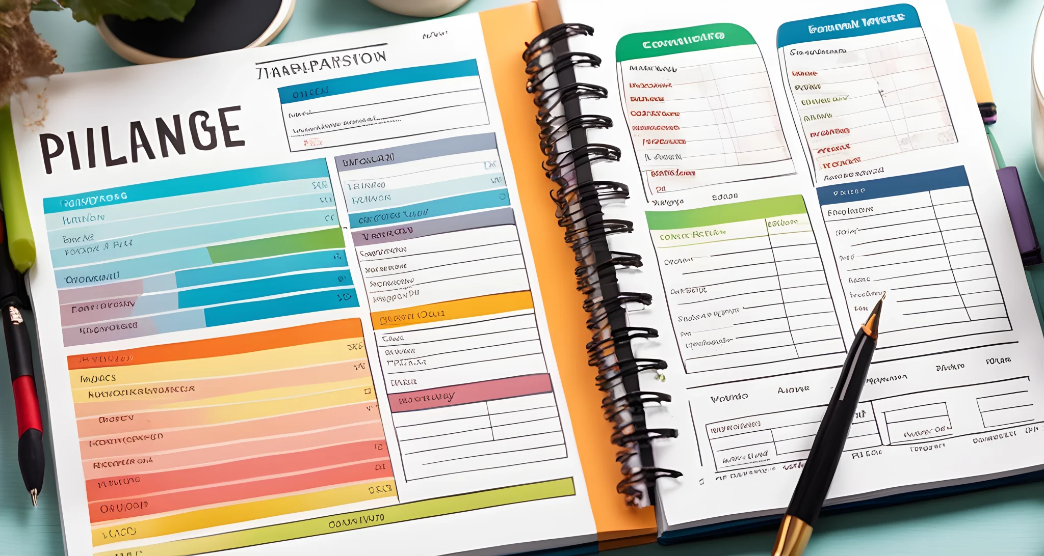 The image shows a budget planner with categories for accommodation, transportation, food, activities, and miscellaneous expenses.