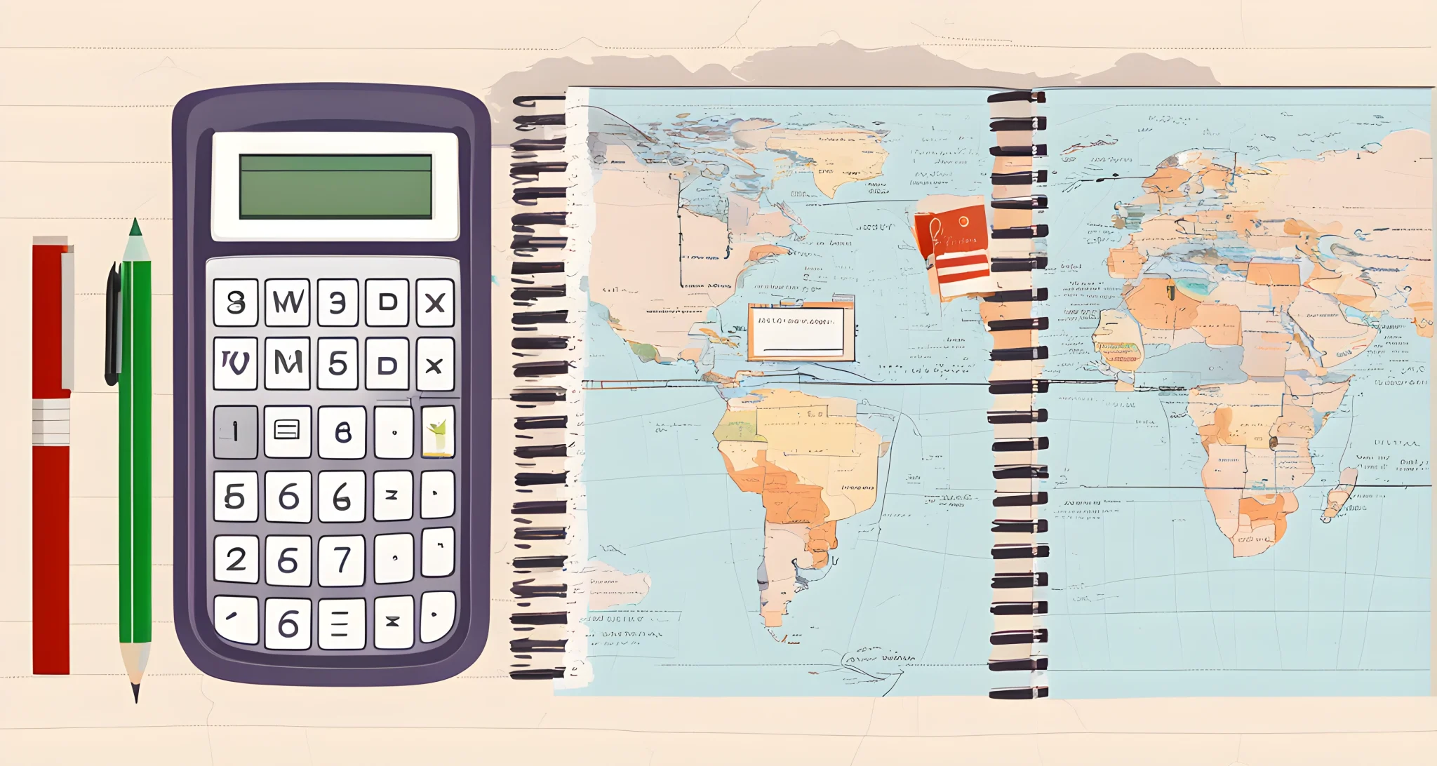 The image shows a calculator, a notebook, and a map.