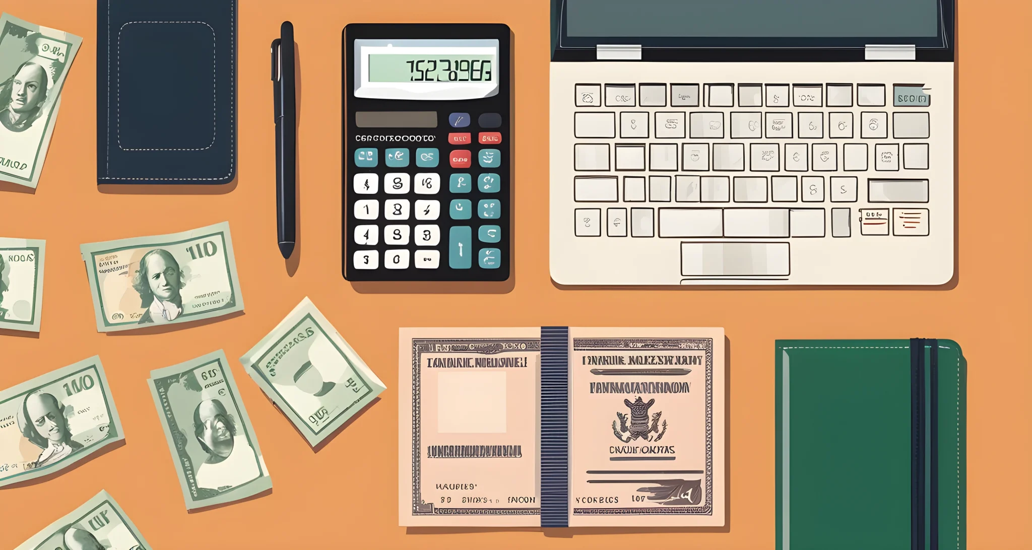 The image shows a calculator, passport, and currency from different countries laid out on a table.