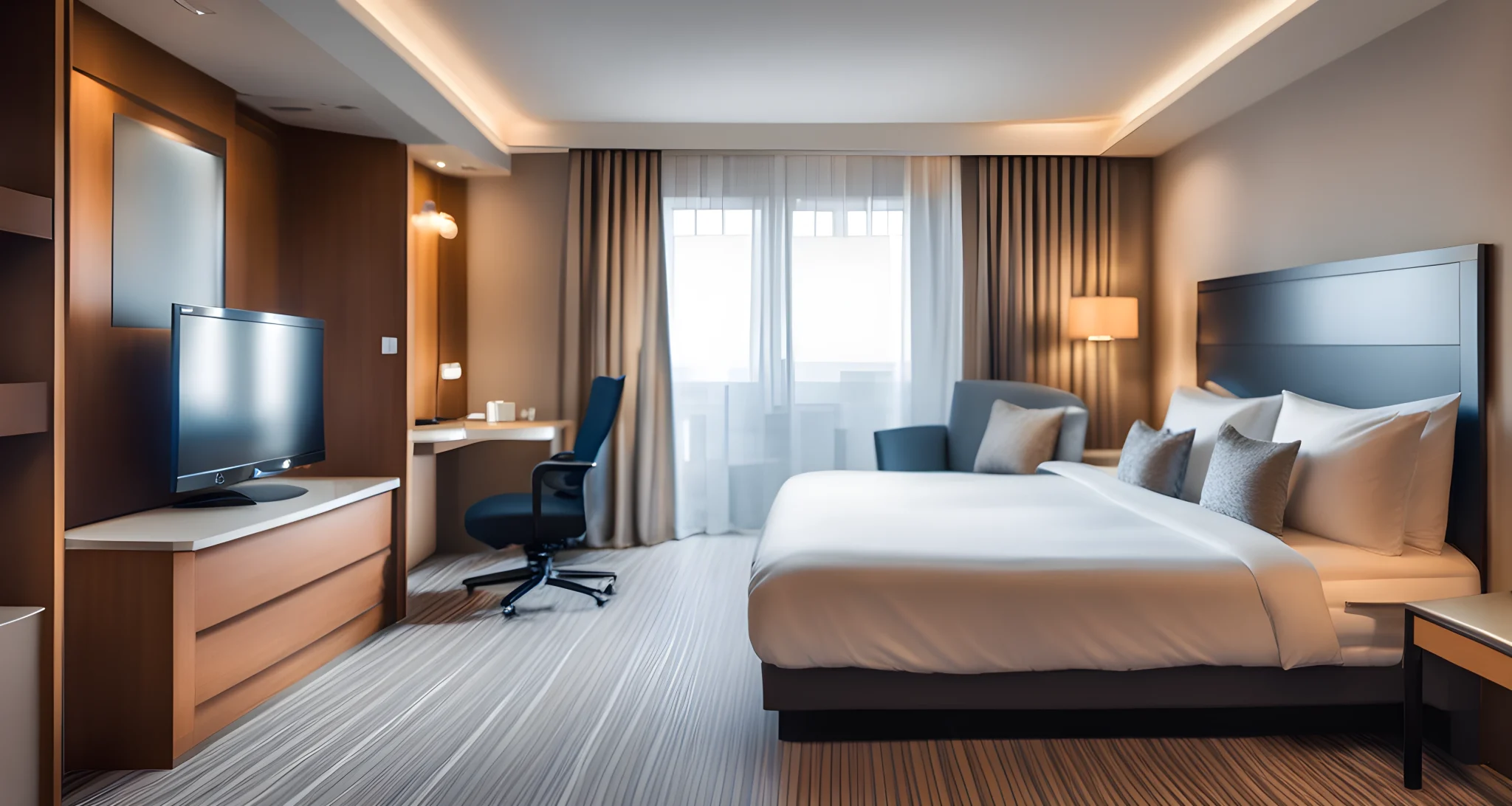 The image shows a clean and modern hotel room with a comfortable bed, a flat-screen TV, a work desk, and a spacious bathroom.