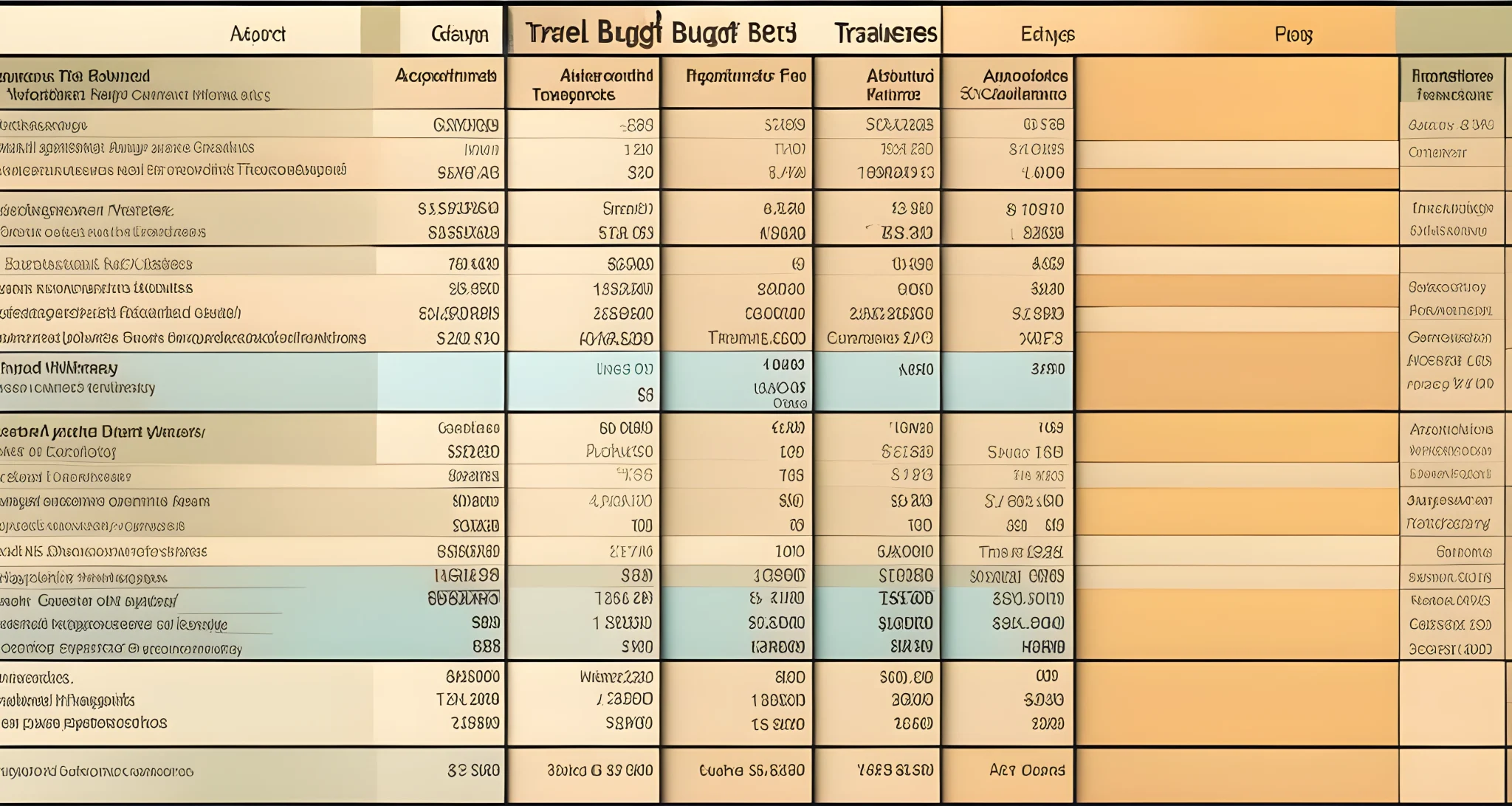 The image shows a close-up of a detailed travel budget spreadsheet with categories for transportation, accommodation, food, activities, and miscellaneous expenses.