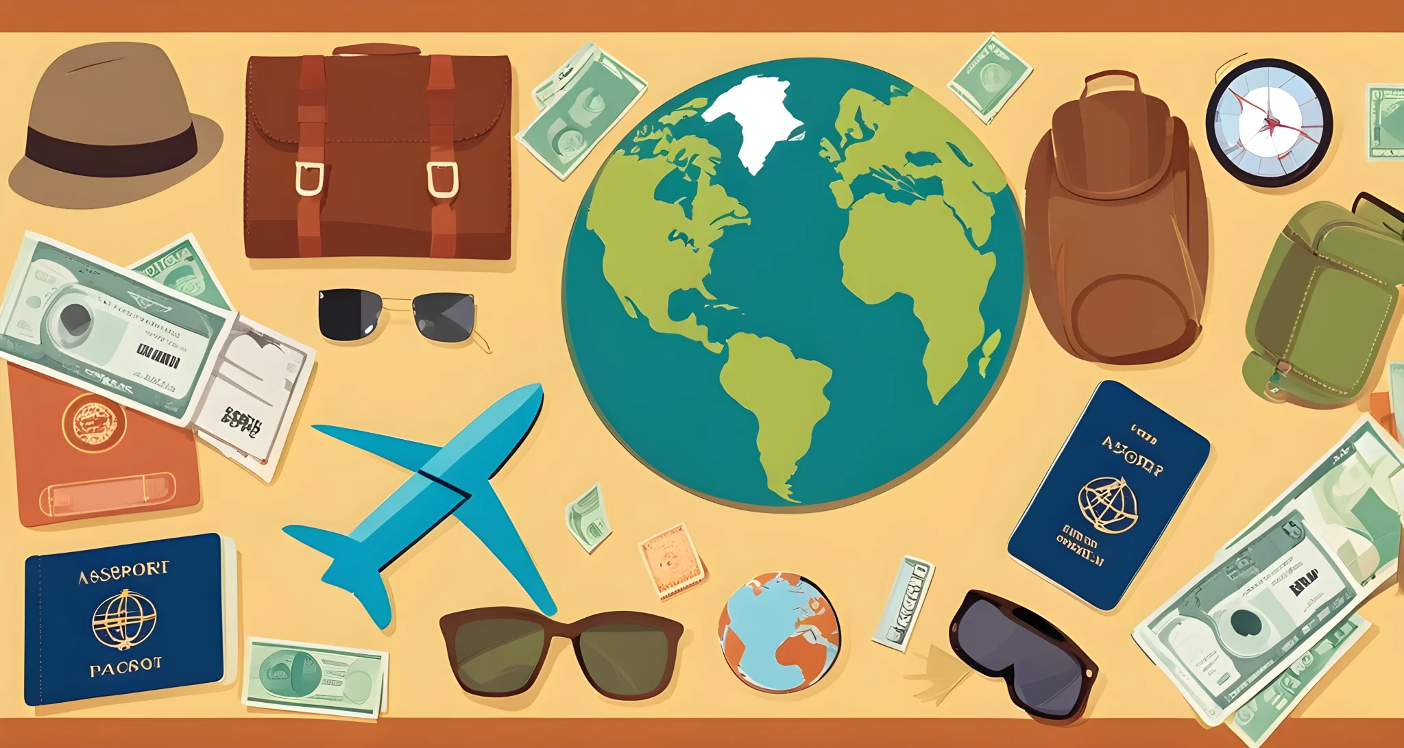 The image shows a collage of various travel-related objects including a passport, money, airplane tickets, and a globe.