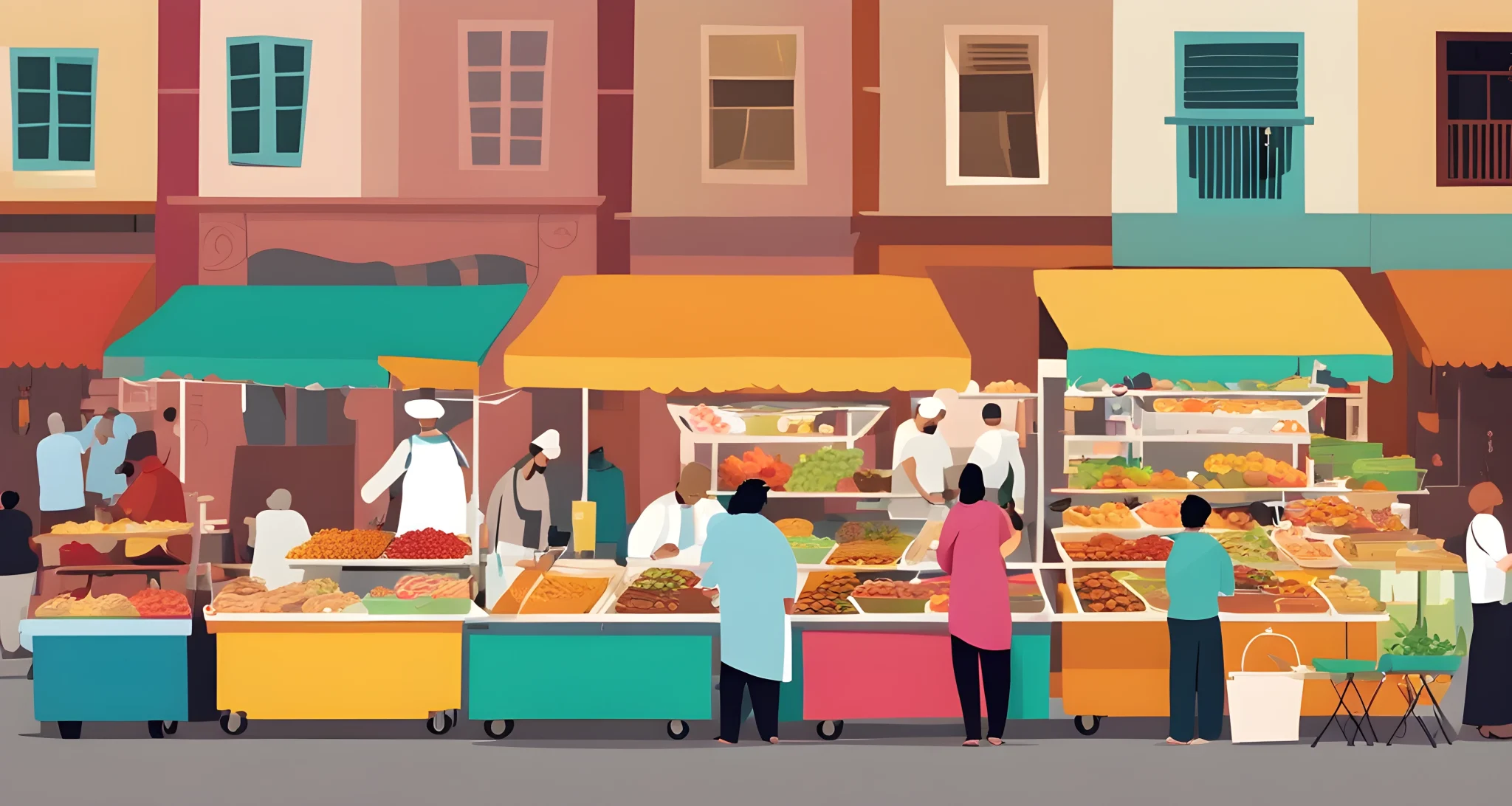 The image shows a colorful array of street food stalls in a bustling market. The stalls sell a variety of budget-friendly dishes from different cuisines.