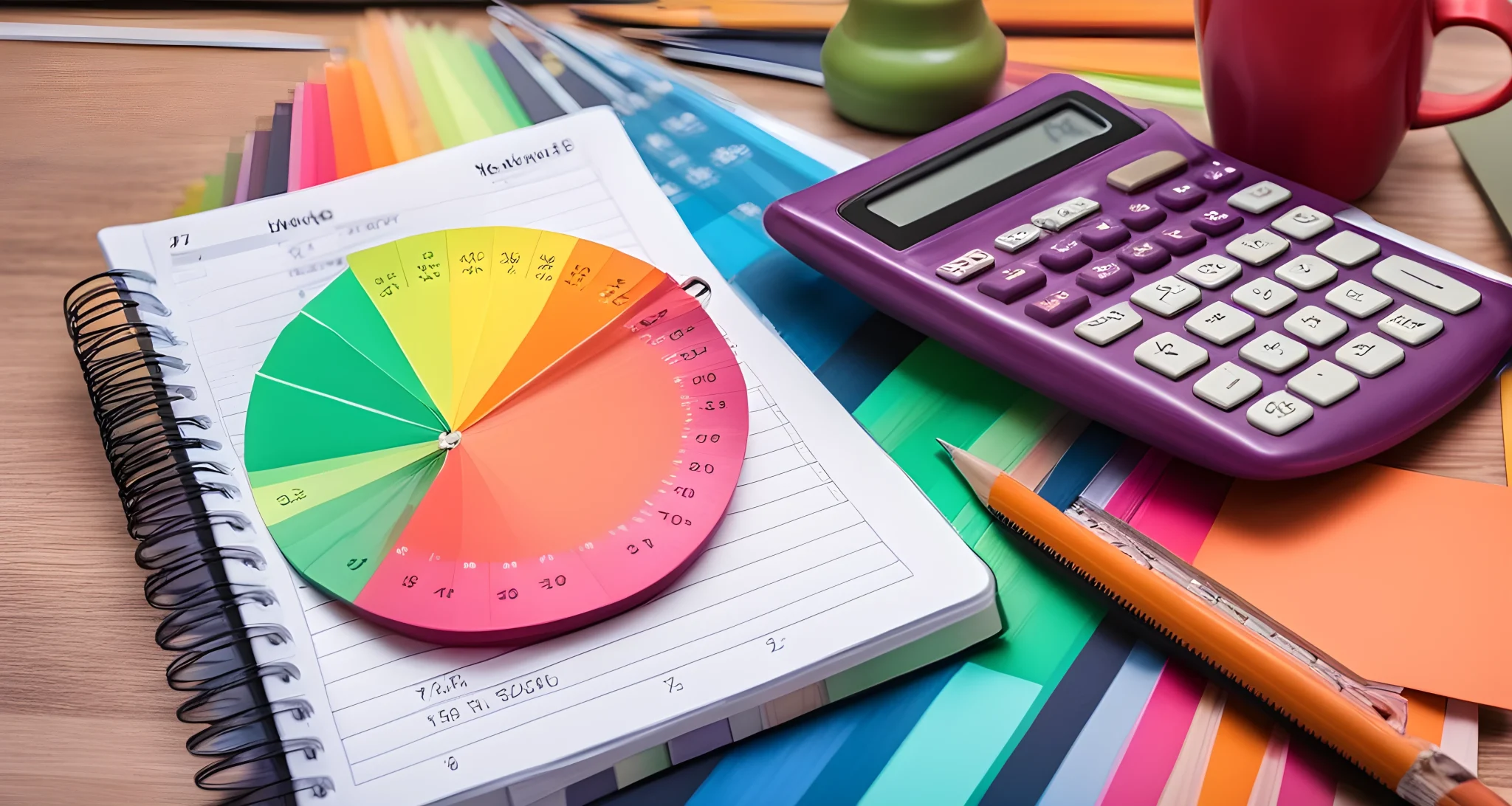 The image shows a colorful budget planner notebook and a calculator on a desk.