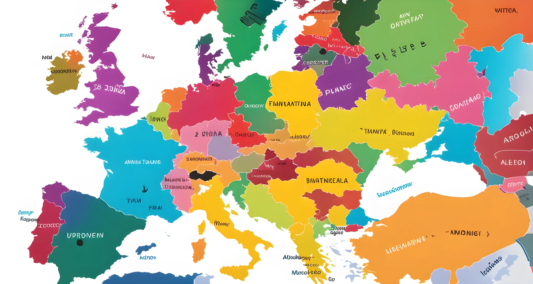 The image shows a colorful map of Europe with various travel destinations marked.