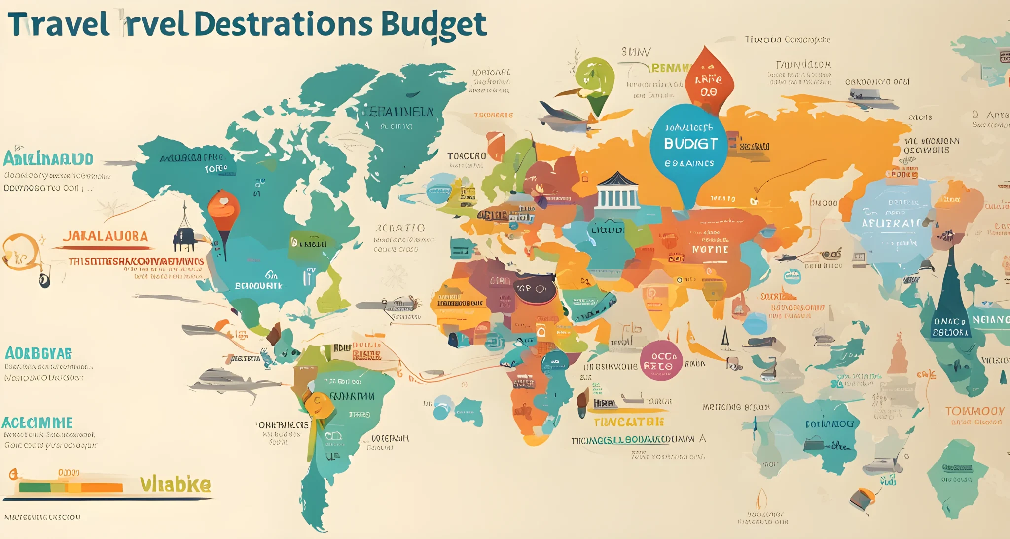 The image shows a colorful map with different highlighted travel destinations and budget categories.