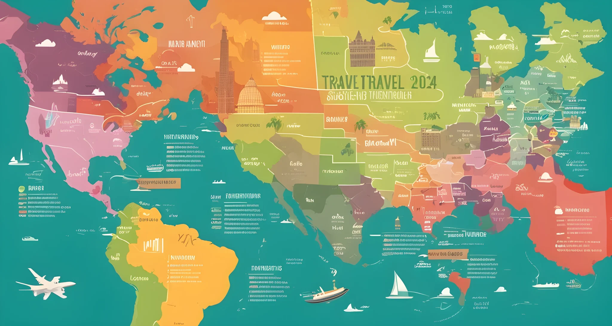 The image shows a colorful map with labeled budget travel destinations for 2024.