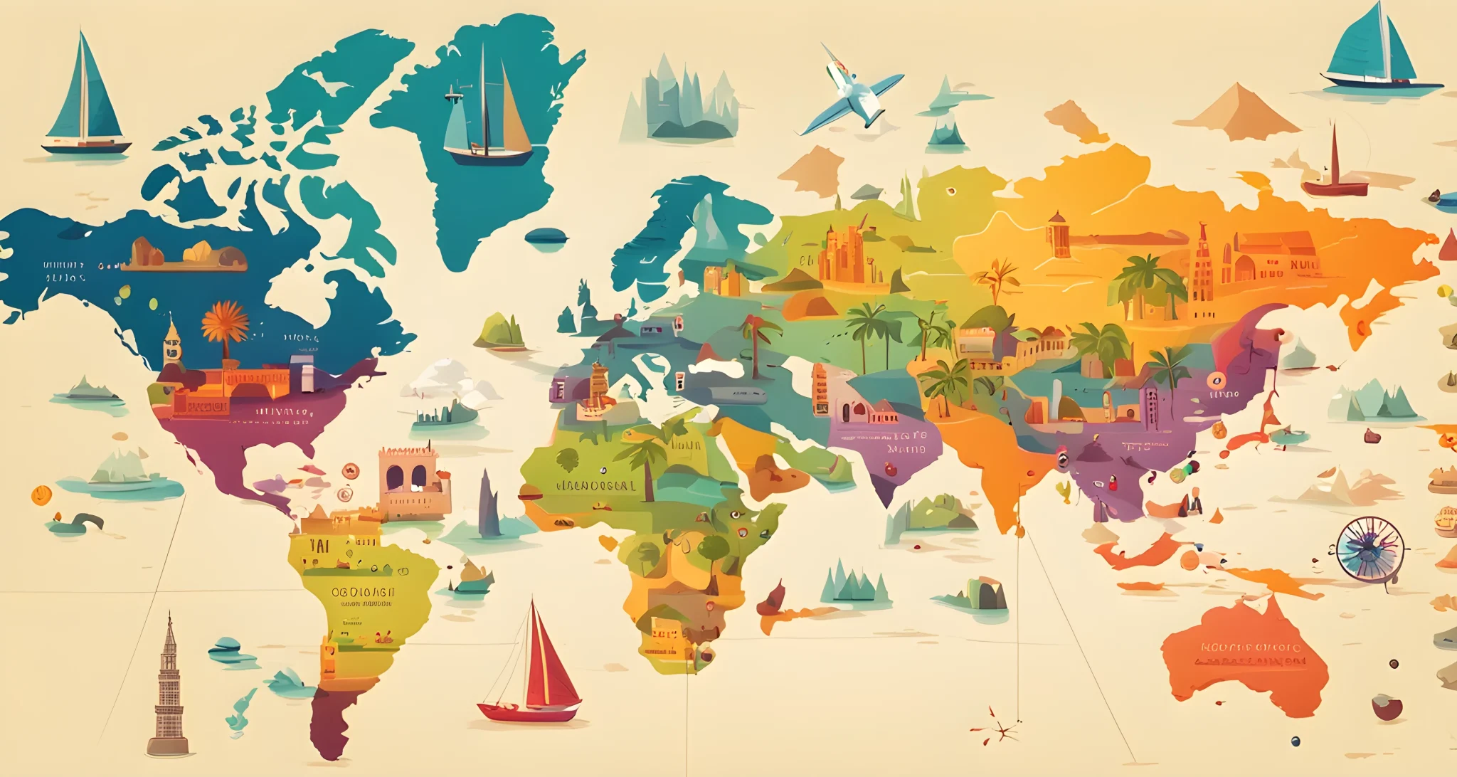 The image shows a colorful map with various pins marking different exotic destinations.