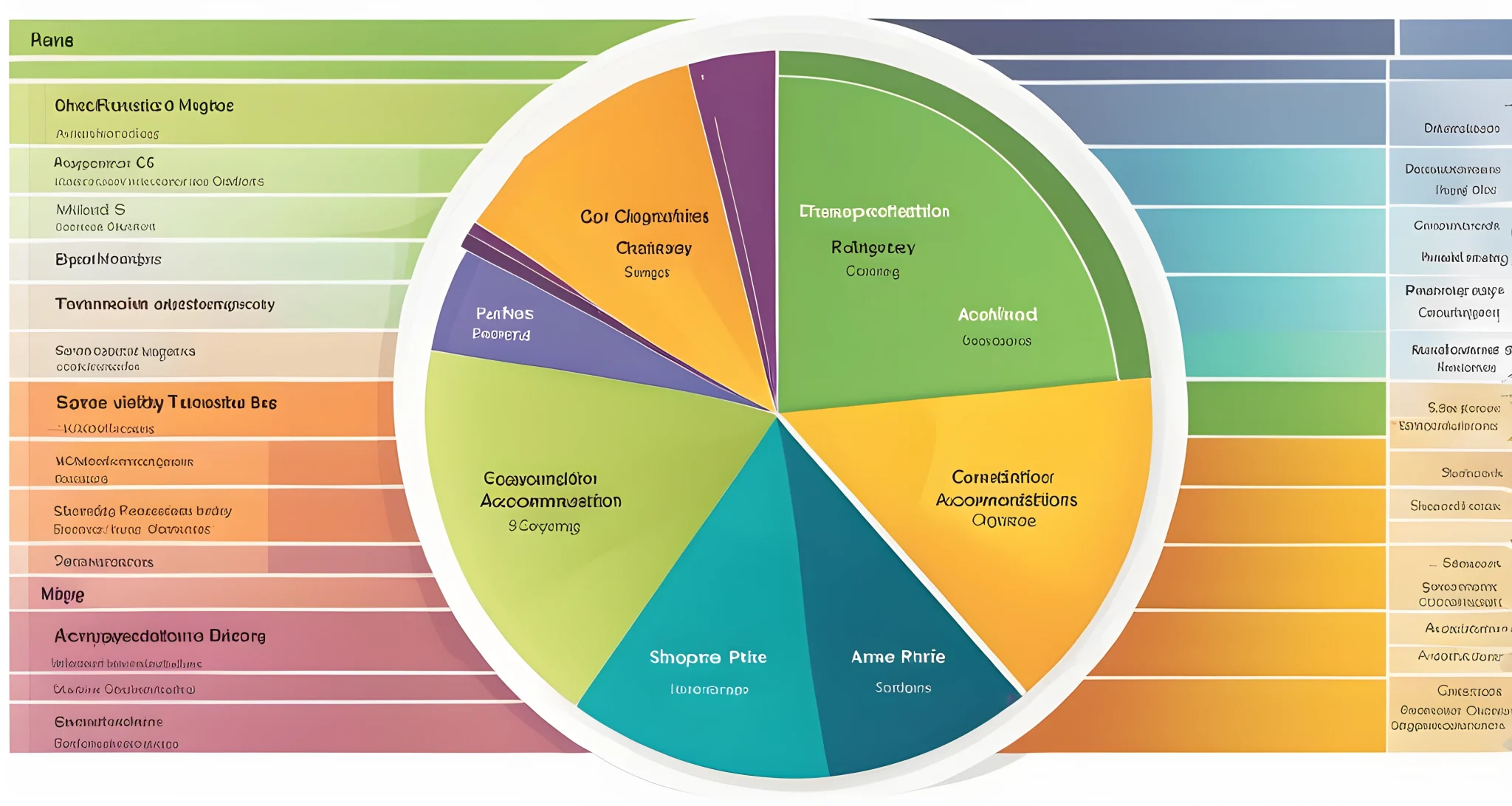 The image shows a colorful pie chart displaying different expense categories such as dining, transportation, accommodations, activities, and shopping.