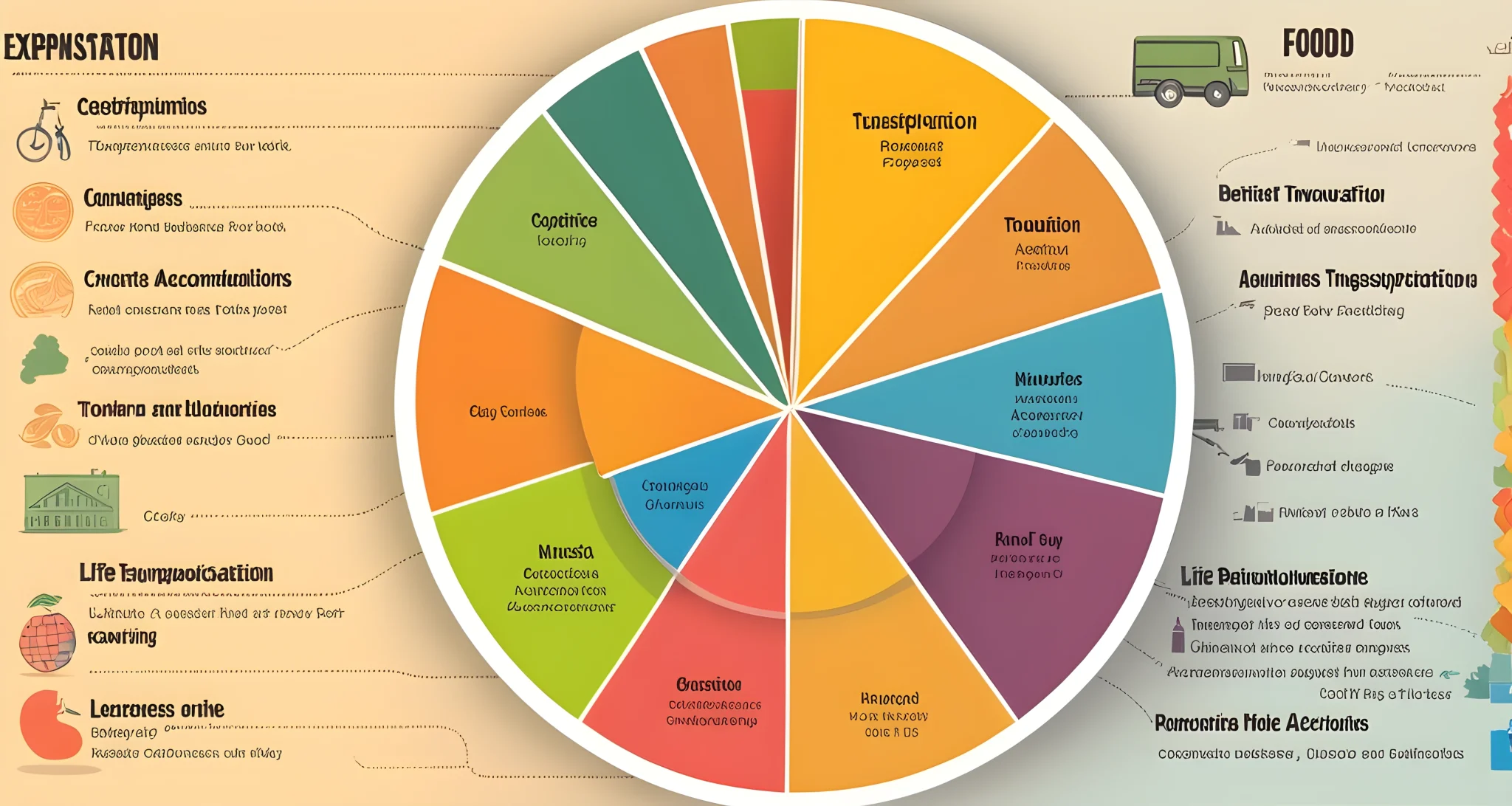 The image shows a colorful pie chart illustrating different expense categories such as transportation, accommodations, food, and activities.