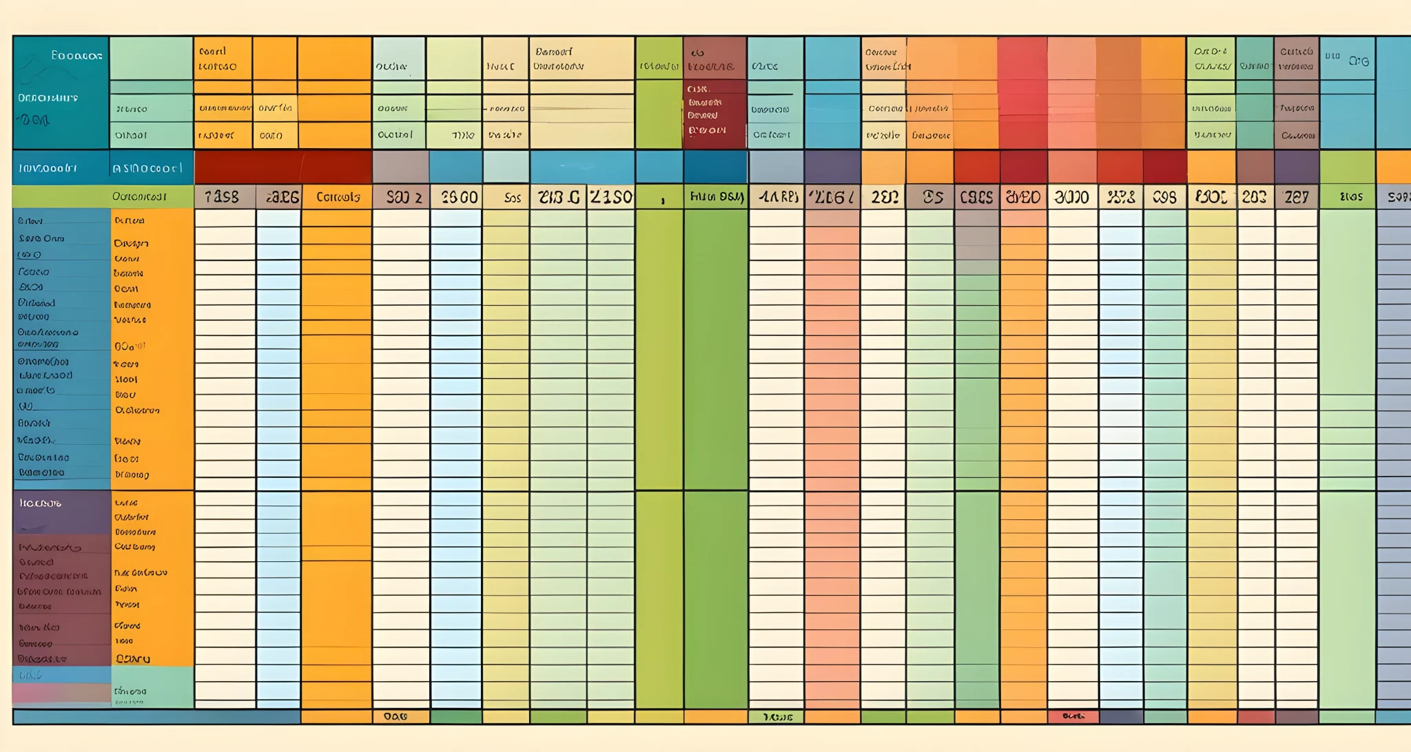 The image shows a colorful spreadsheet with columns for expenses, accommodations, transportation, and activities.