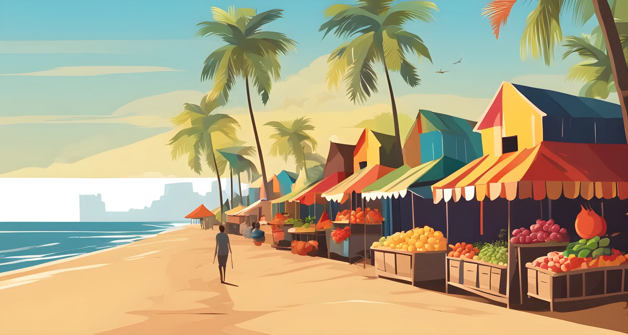 The image shows a colorful street market filled with regional produce and towering palm trees. A row of beach huts lines the nearby coastline.