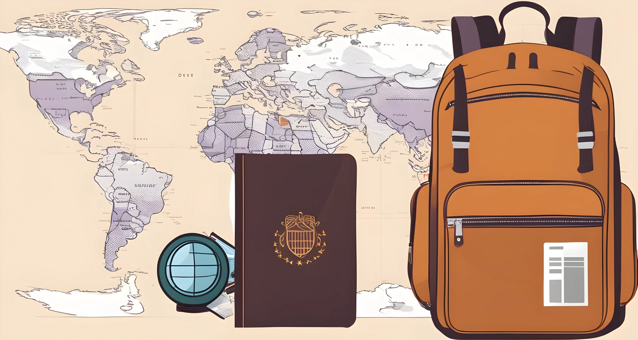 The image shows a compact, lightweight backpack, a passport, and a map.