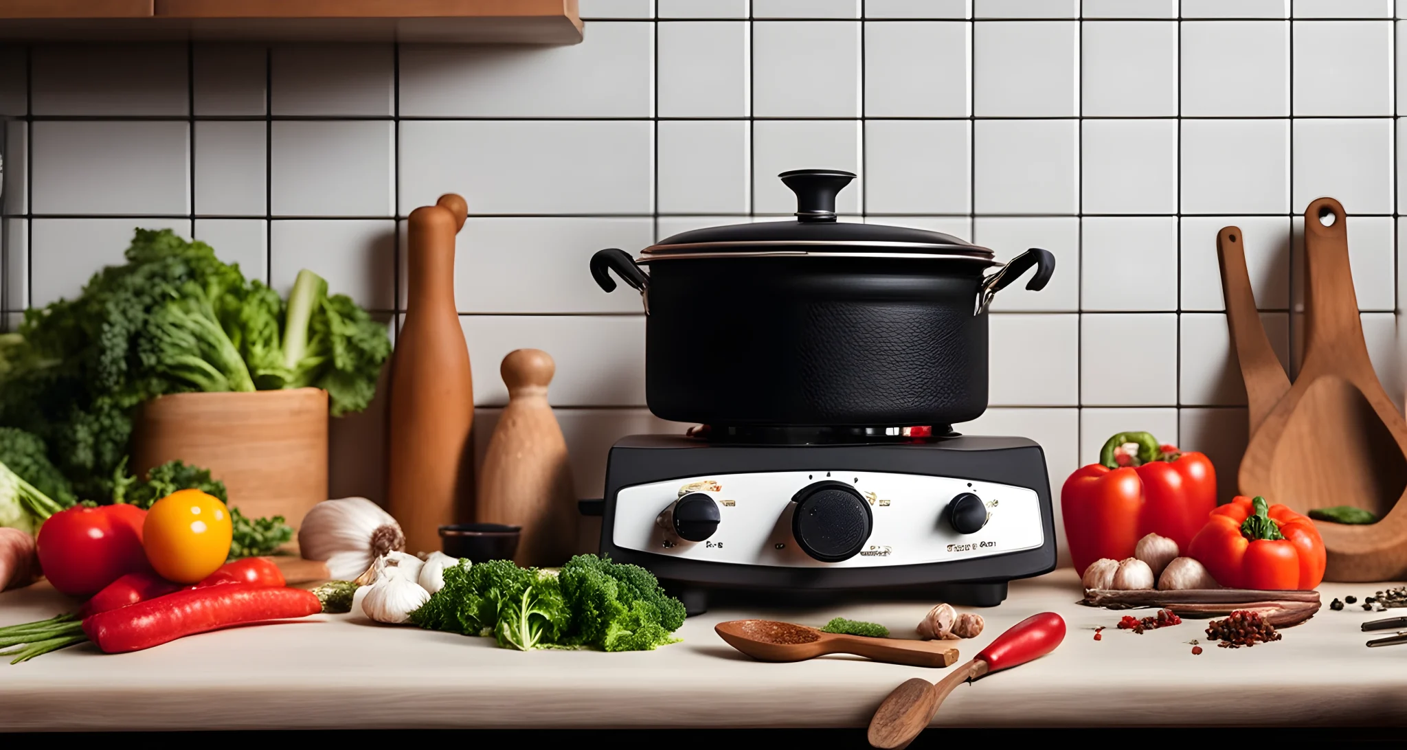 The image shows a compact portable stove, a variety of cooking utensils, and several fresh ingredients, such as vegetables and spices, laid out on a countertop in a small kitchenette.