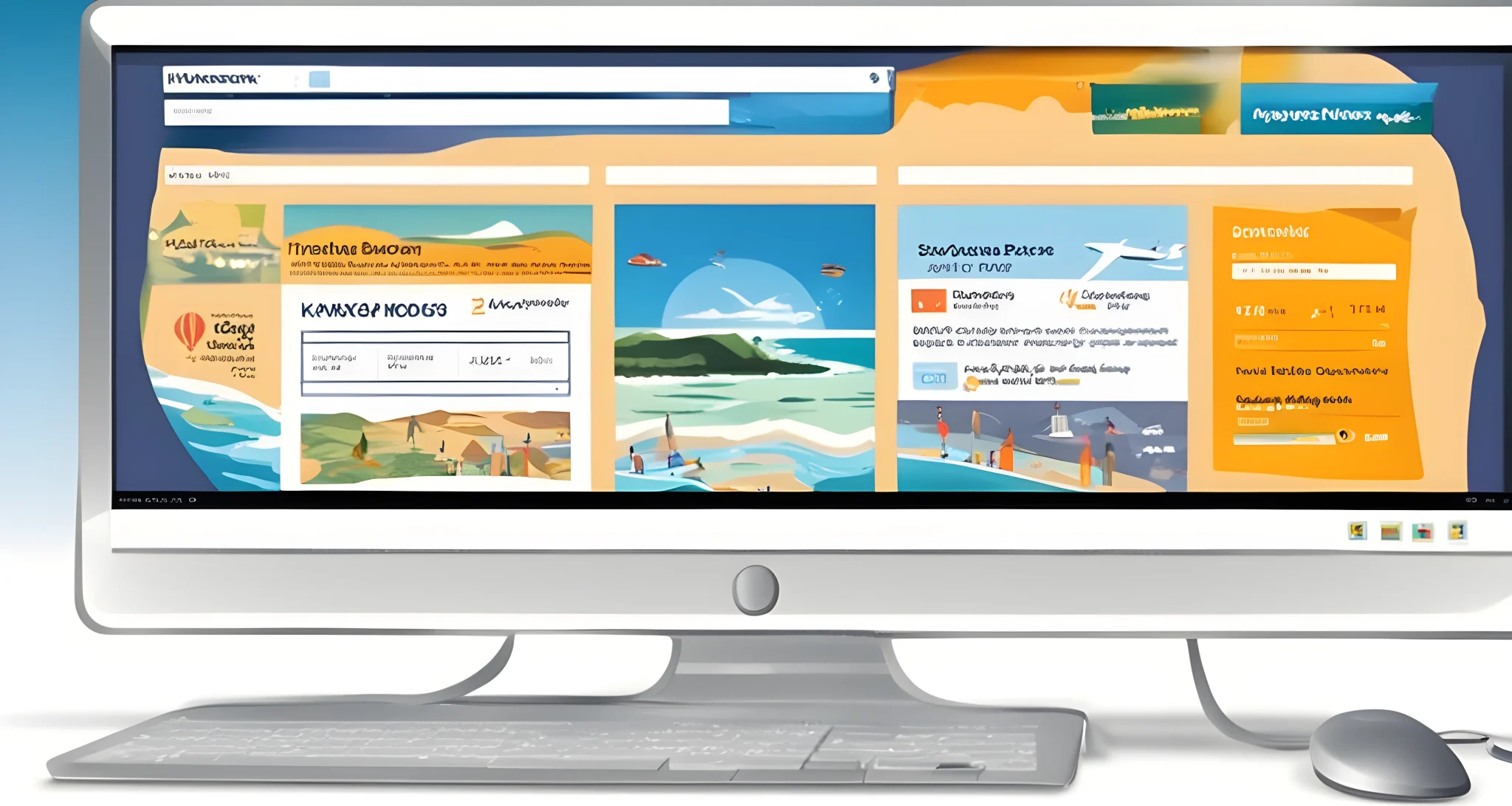 The image shows a computer screen with multiple open browser tabs displaying various travel booking websites such as Expedia, Skyscanner, and Kayak.