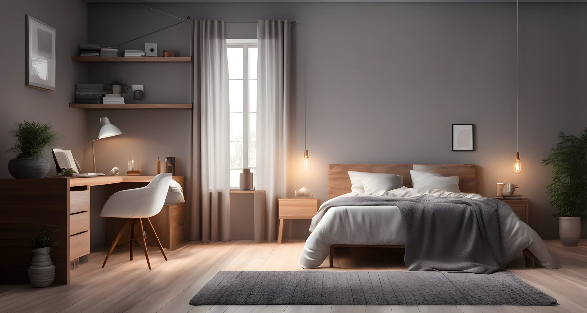 The image shows a cozy bedroom with a comfortable bed, nightstand, and a small desk with a chair.