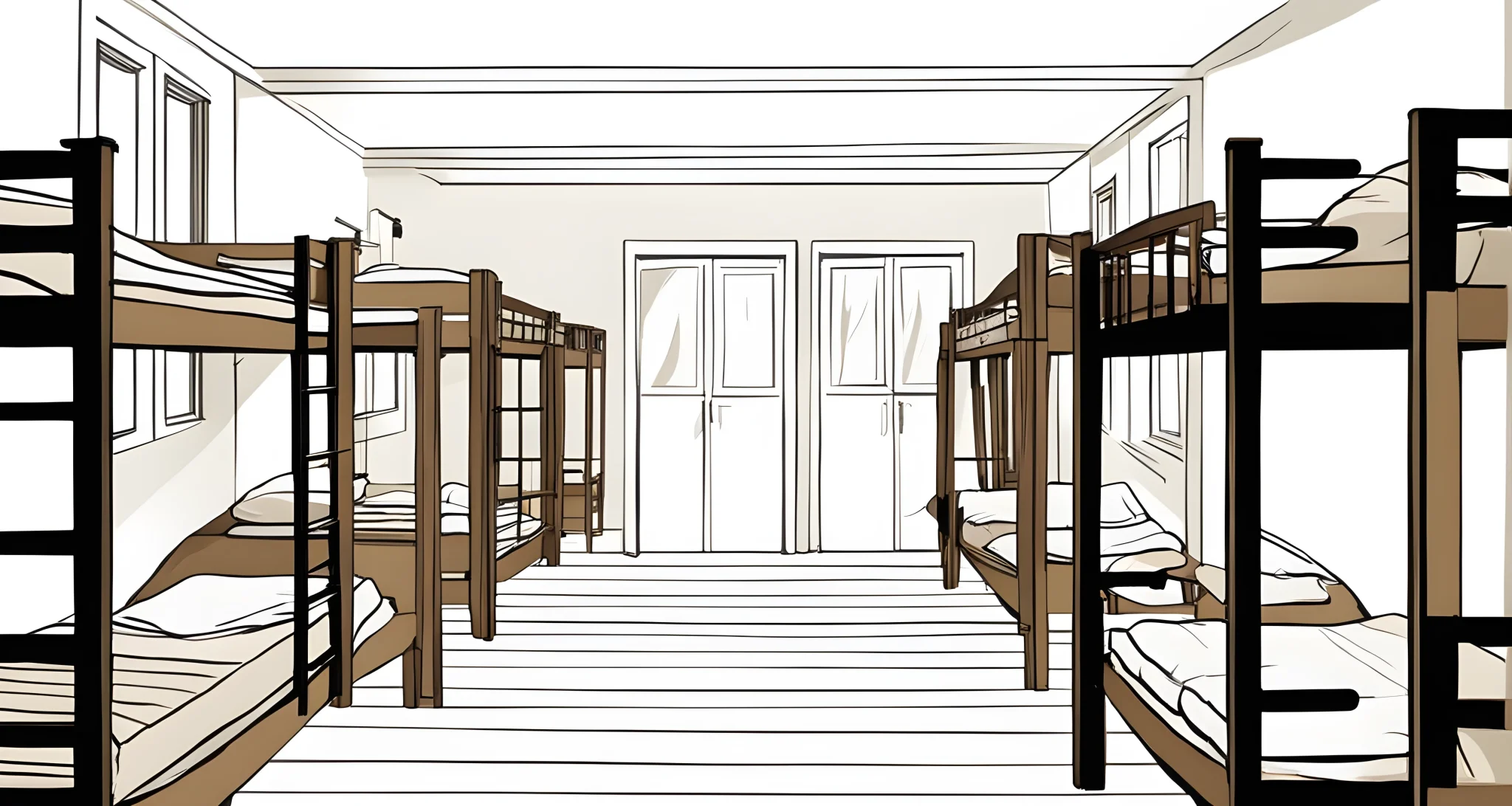 The image shows a cozy hostel dorm room with bunk beds, lockers, and a communal area.