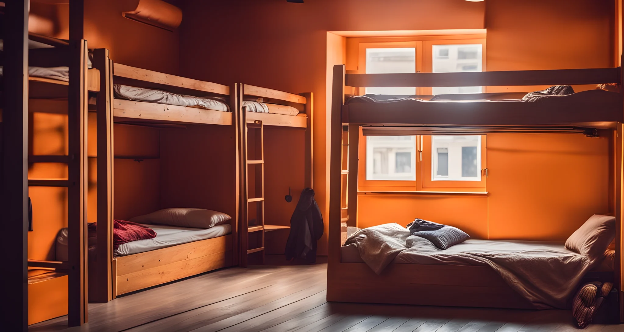 The image shows a cozy hostel dorm room with bunk beds, lockers, and a communal area.