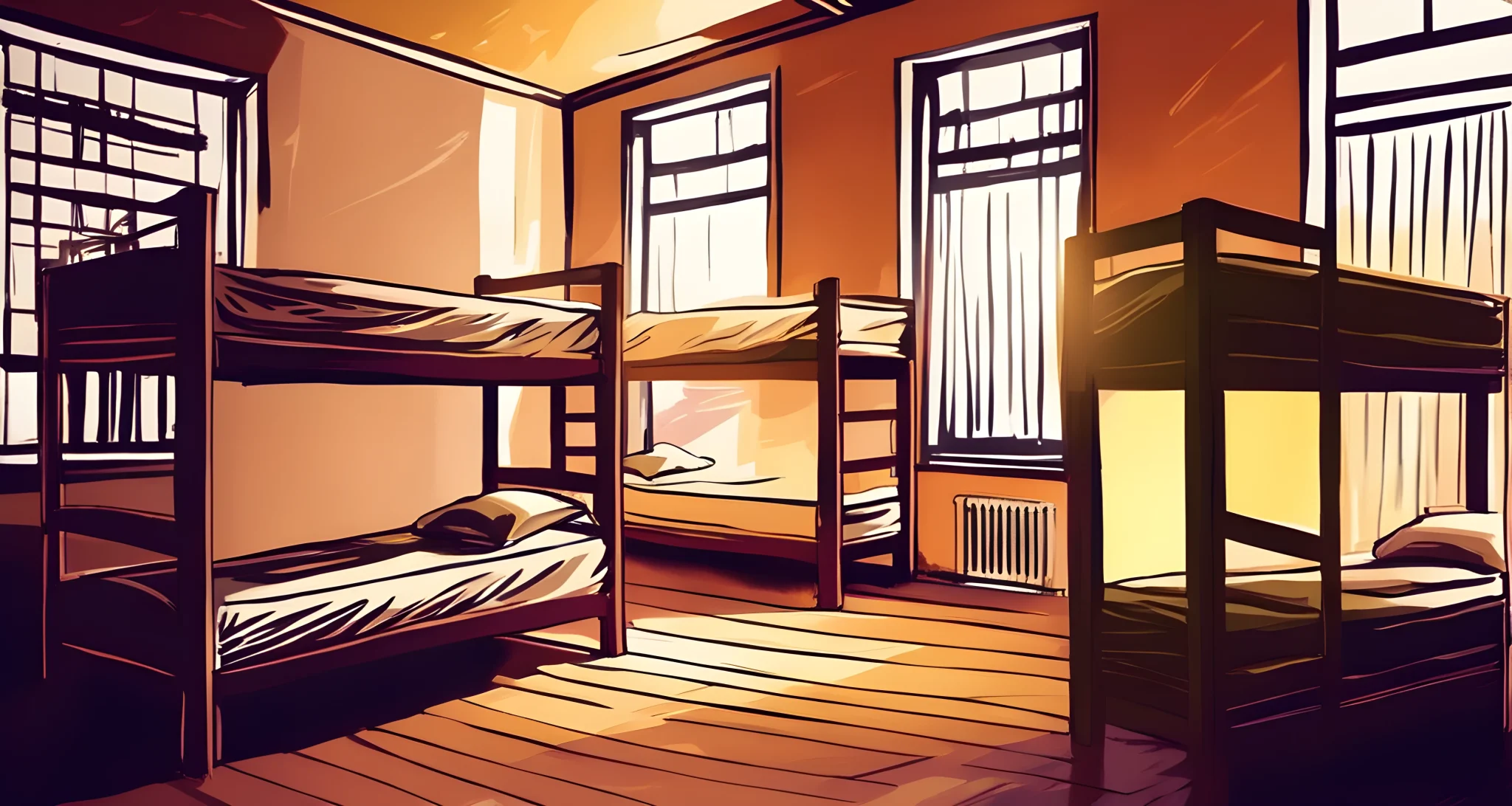 The image shows a cozy hostel dorm room with bunk beds, lockers, and curtains for privacy.