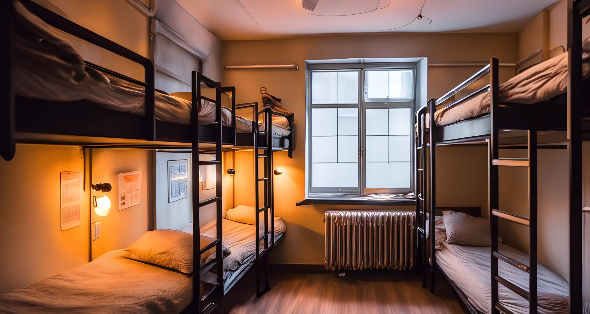 The image shows a cozy hostel dorm room with bunk beds, lockers, and individual reading lights.