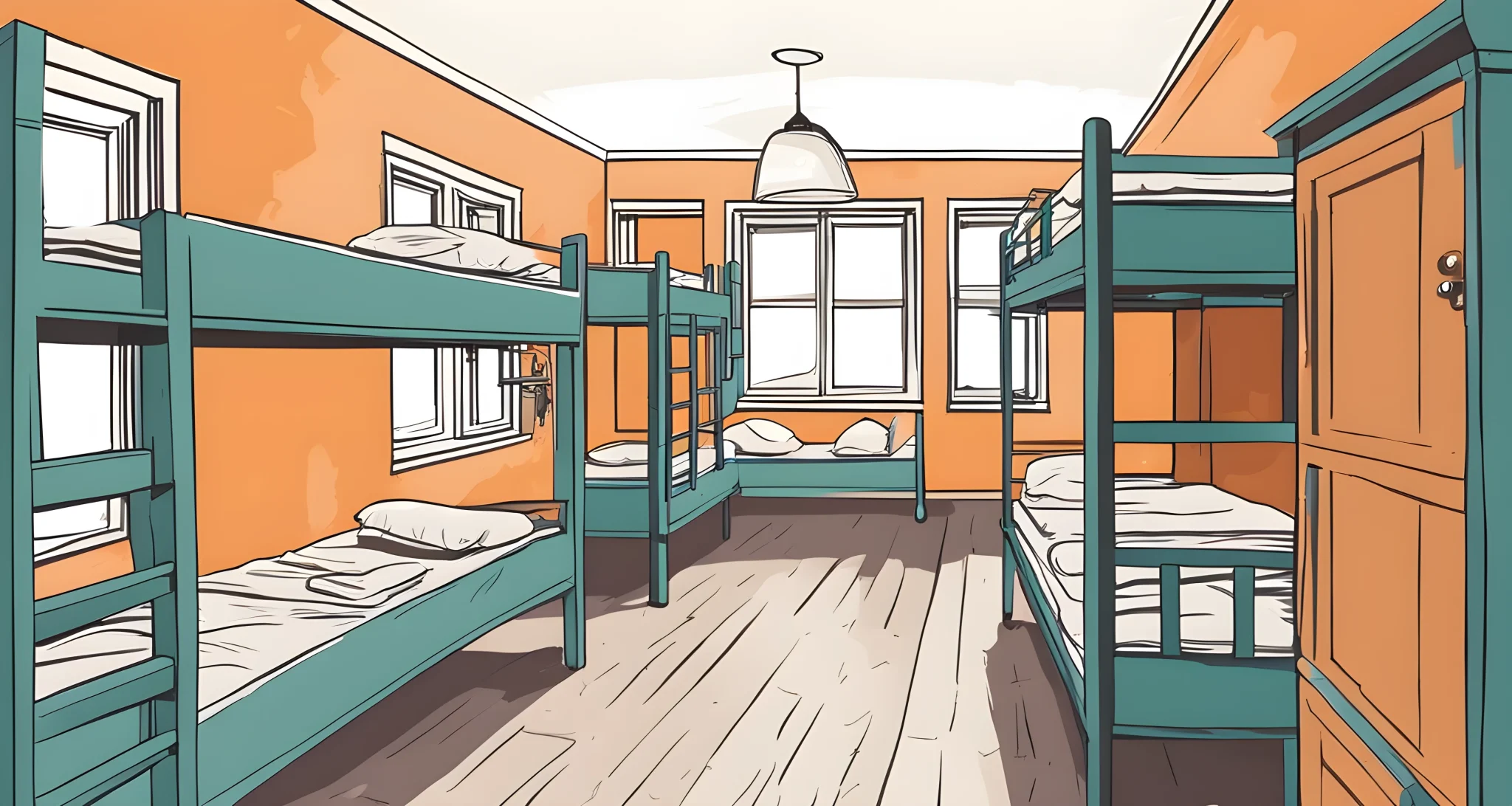 The image shows a cozy, well-maintained hostel dorm room with bunk beds, personal lockers, and a communal area for socializing.