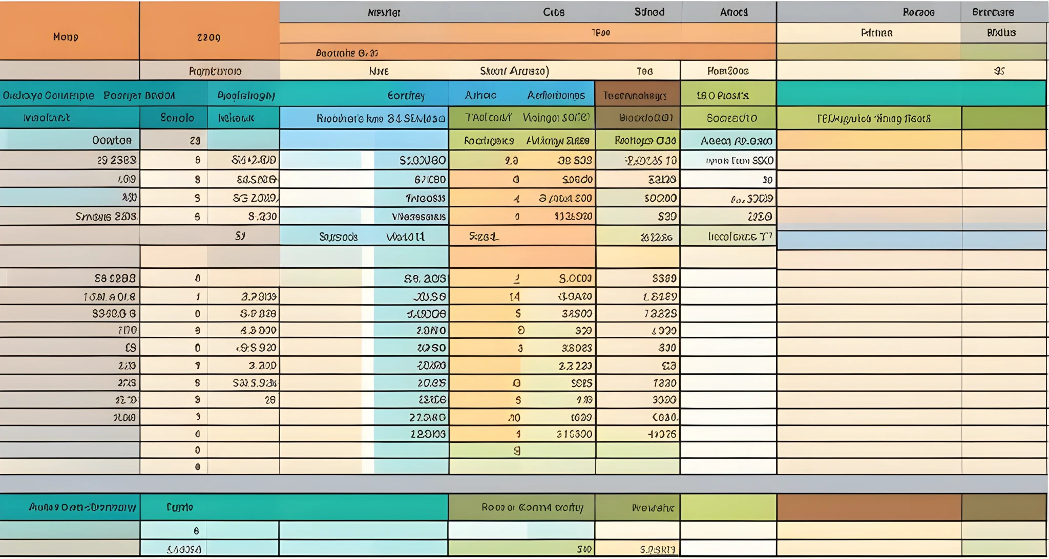 The image shows a detailed travel budget spreadsheet with columns for expenses, estimated costs, and actual spending.