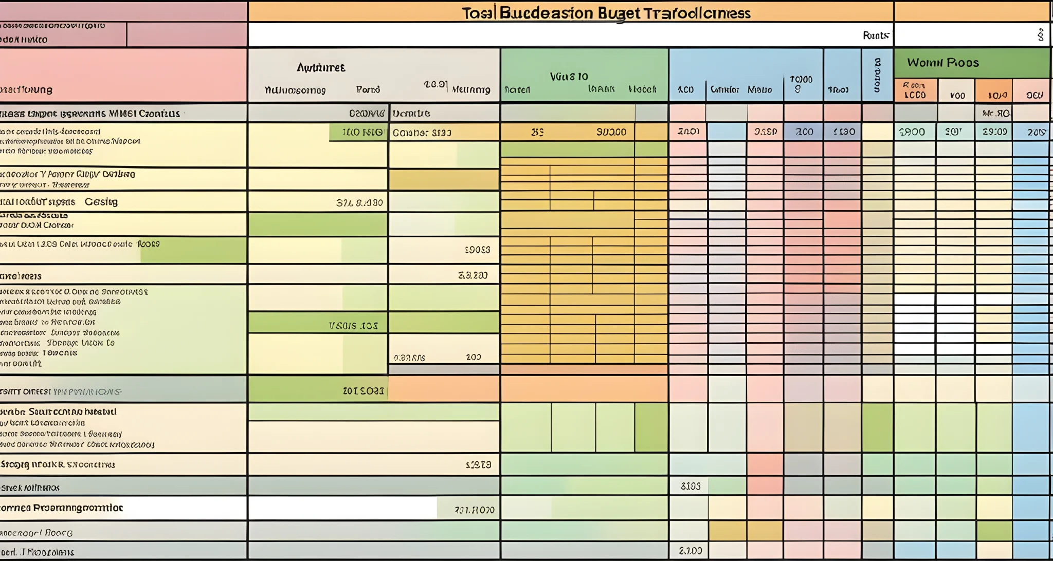 The image shows a detailed travel budget spreadsheet with columns for expenses, accommodation, transportation, and activities, as well as a section for total costs and remaining budget.