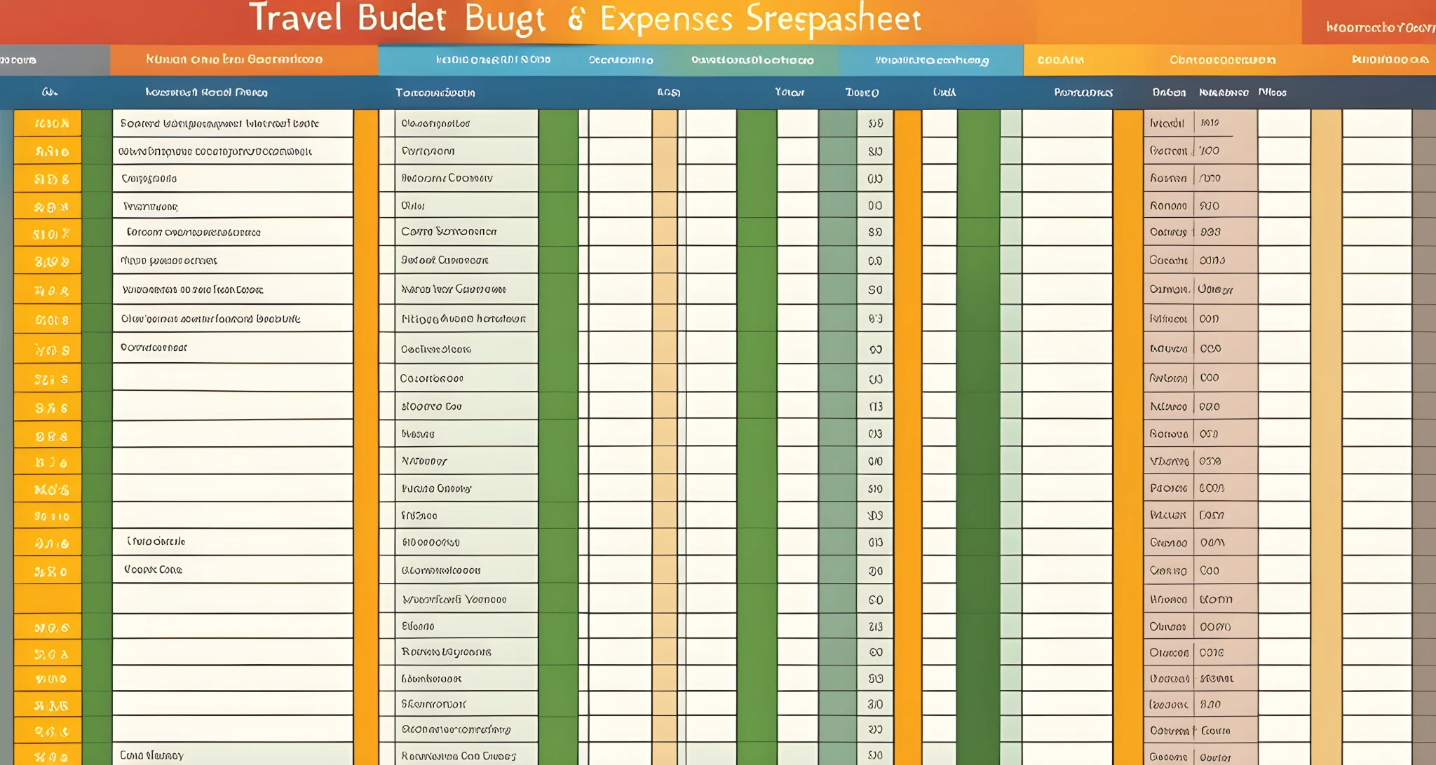 The image shows a detailed travel budget spreadsheet with columns for expenses, accommodations, transportation, and activities.