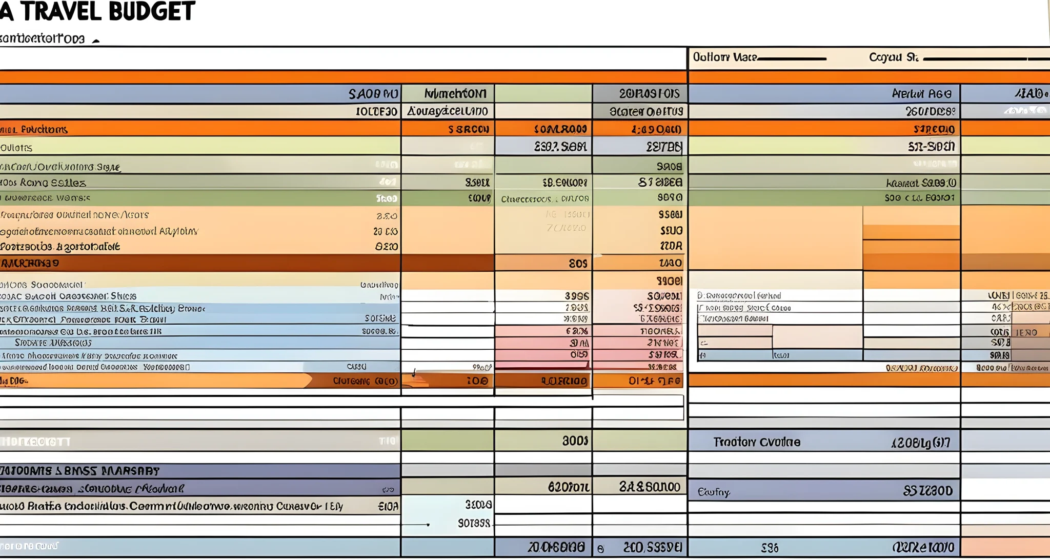 The image shows a detailed travel budget spreadsheet with columns for expenses such as flights, accommodation, transportation, and food.