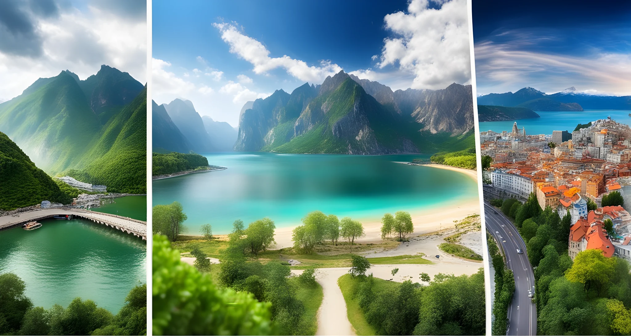 The image shows a diverse range of landscapes, including mountains, beaches, cities, and cultural landmarks.