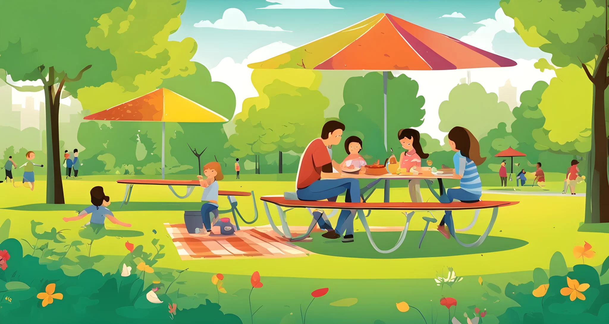 The image shows a family enjoying a picnic in a peaceful park, with a colorful playground in the background.