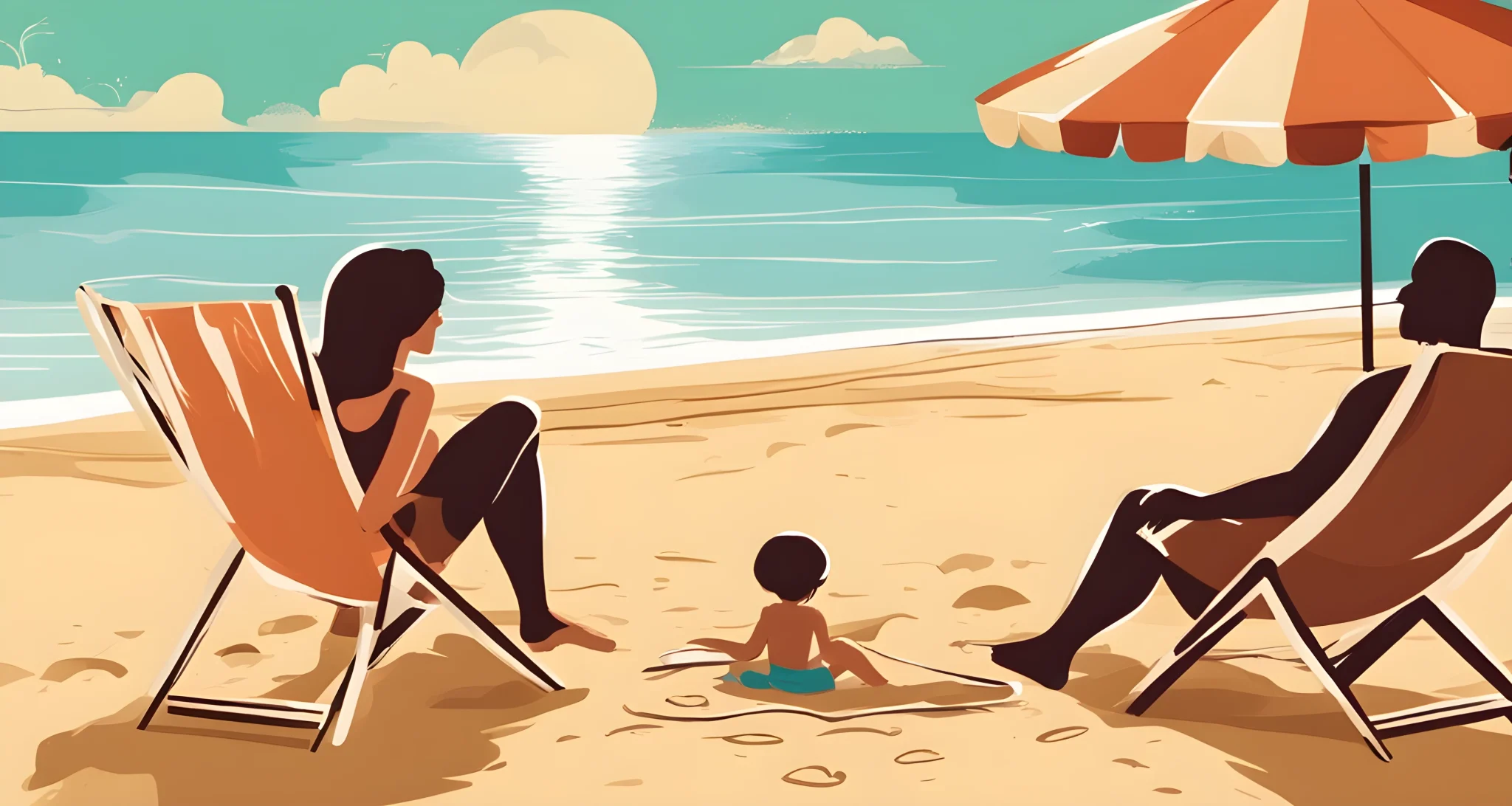 The image shows a family of four at a beach, with children playing in the sand and parents sitting on beach chairs.