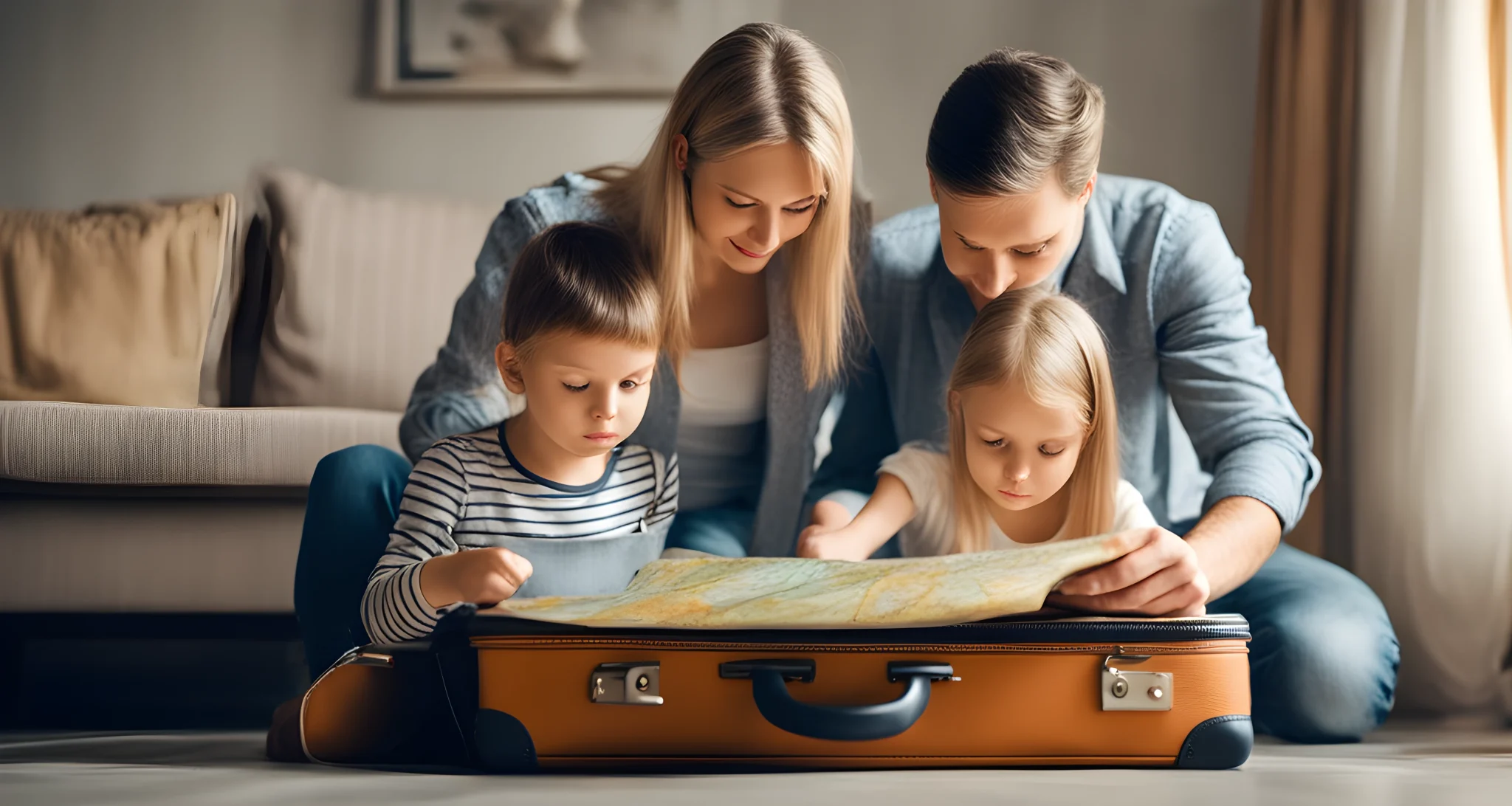 The image shows a family of four packing suitcases and looking at a map.