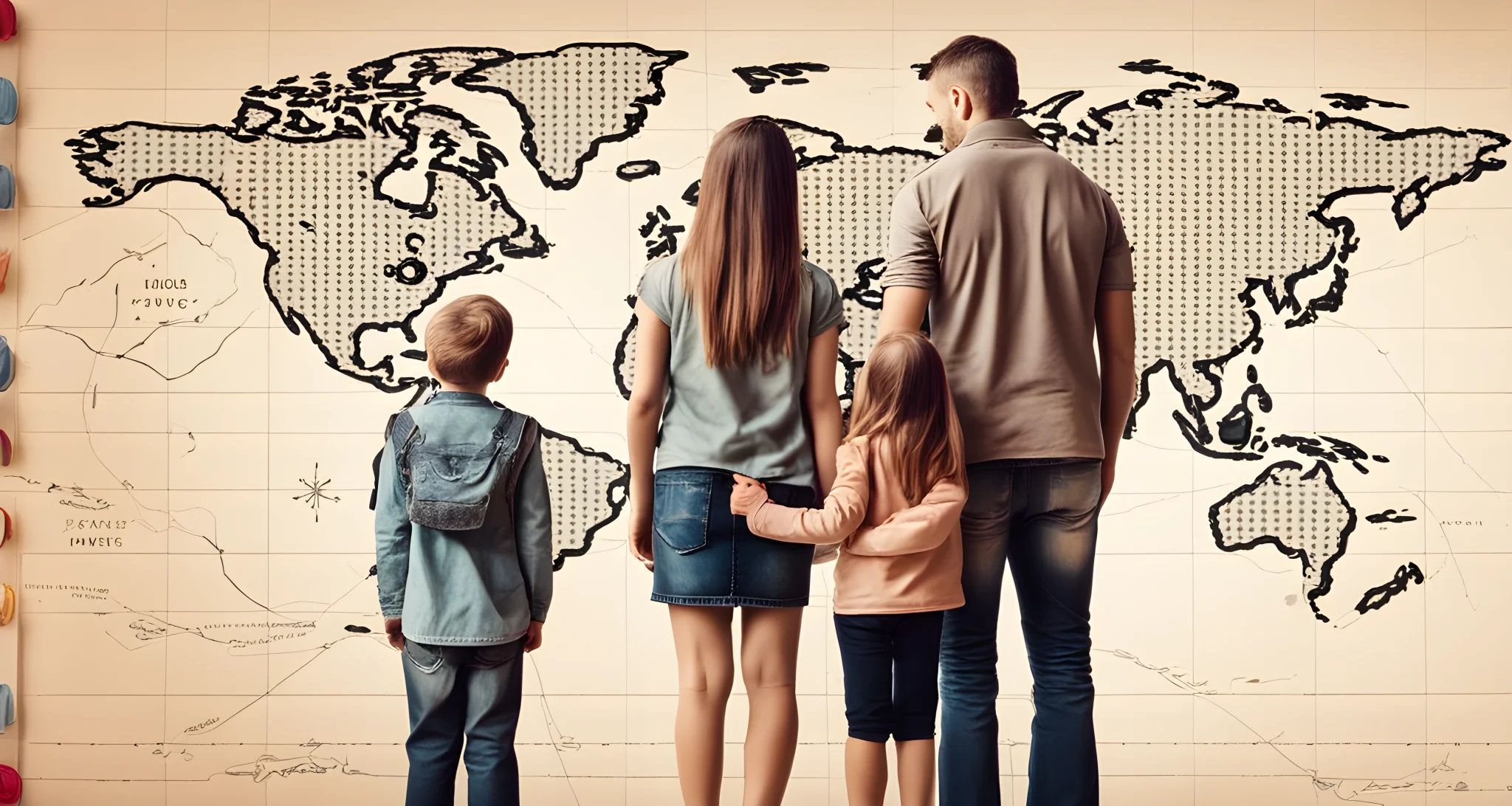 The image shows a family of four standing in front of a world map, with various destination options marked with push pins.