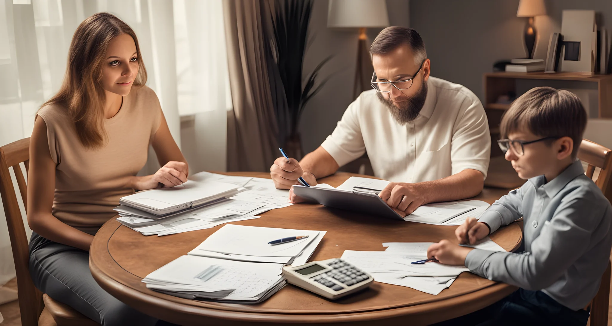 The image shows a family sitting around a table, with a notebook, calculator, and receipts spread out in front of them.