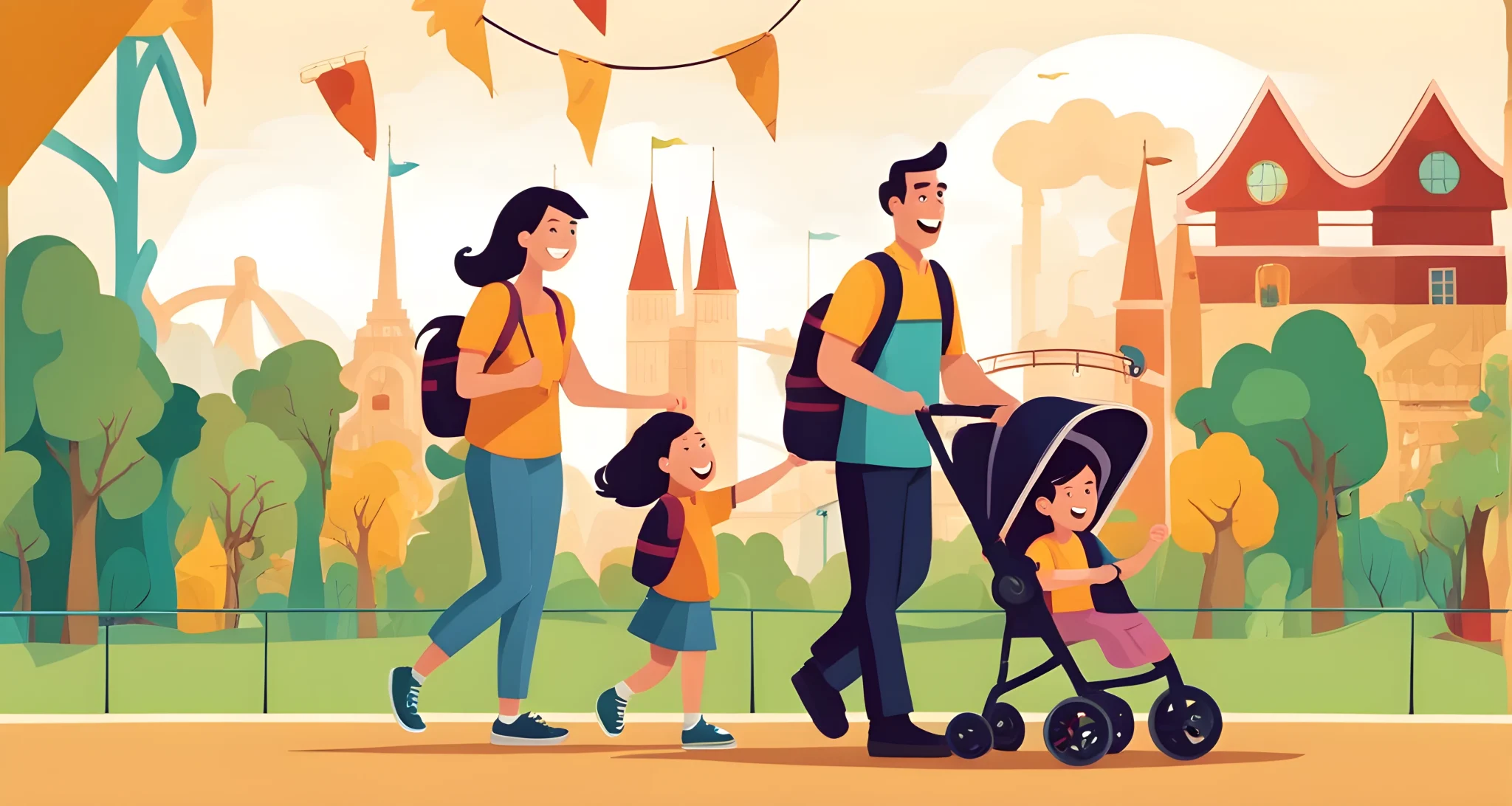 The image shows a family with young children exploring a theme park. The parents are pushing a stroller and carrying backpacks, while the kids are excitedly pointing at attractions.