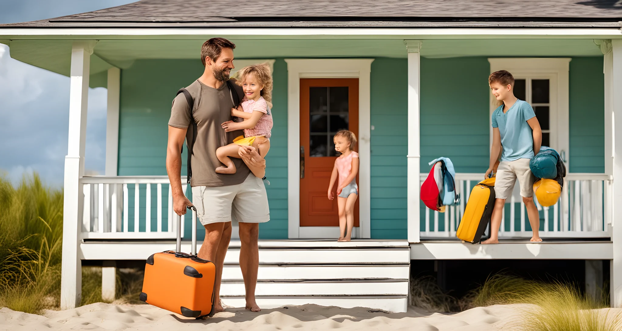 The image shows a family with young children standing in front of a vacation rental home. They are carrying luggage and beach gear.