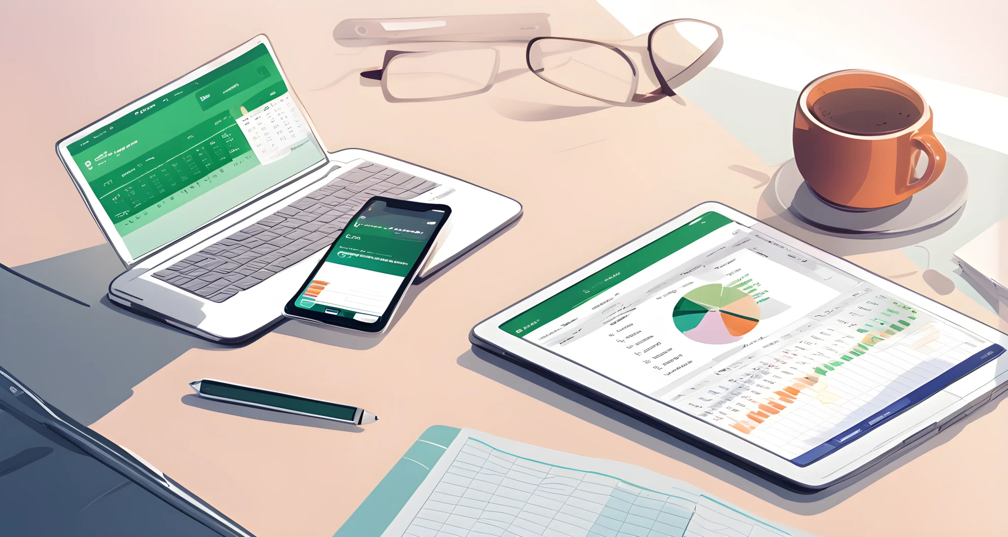 The image shows a laptop displaying a budget planning spreadsheet, alongside a smartphone with a travel budgeting app open.