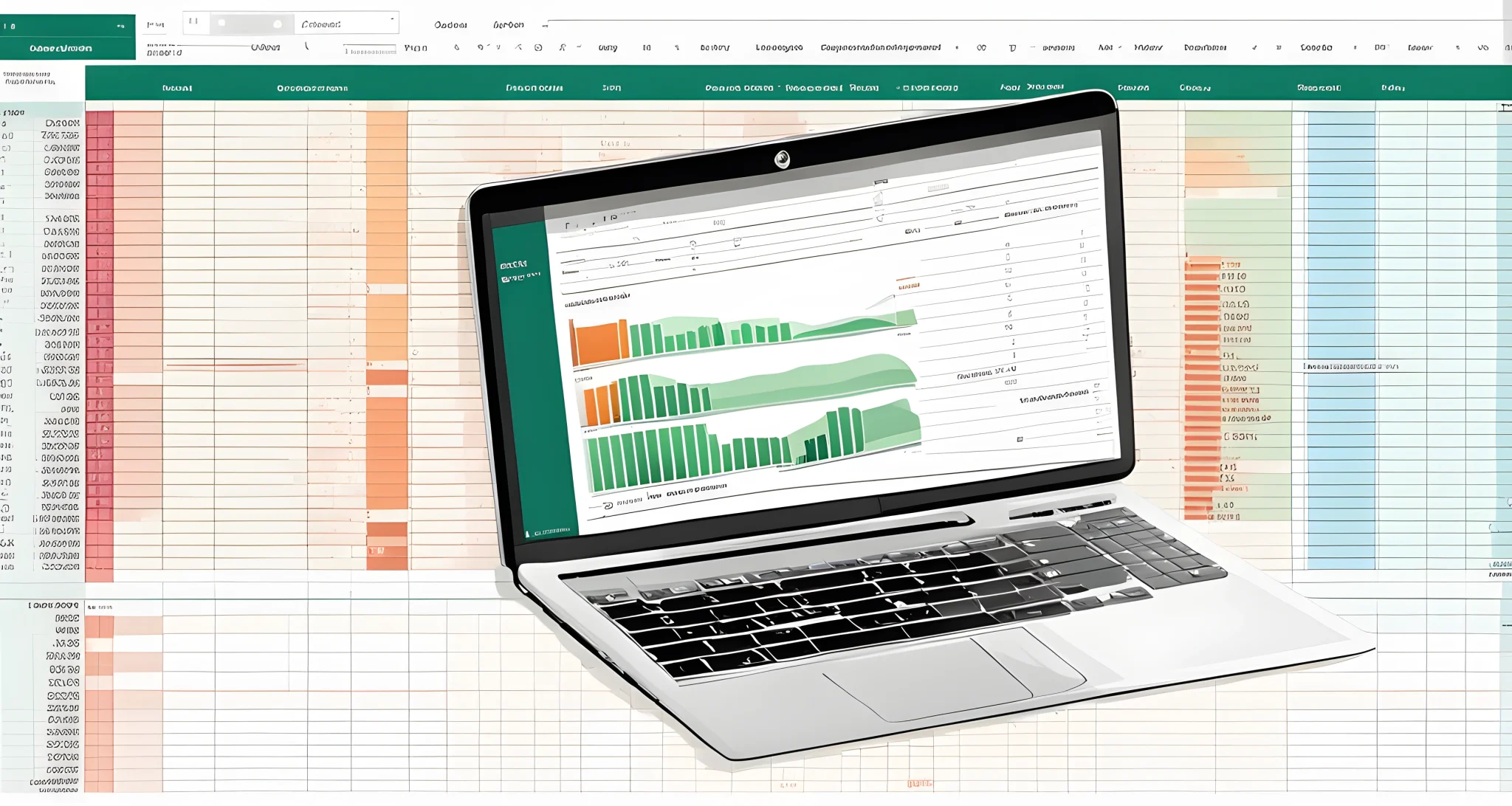 The image shows a laptop open to a budget spreadsheet with columns for transportation, accommodation, food, and activities.