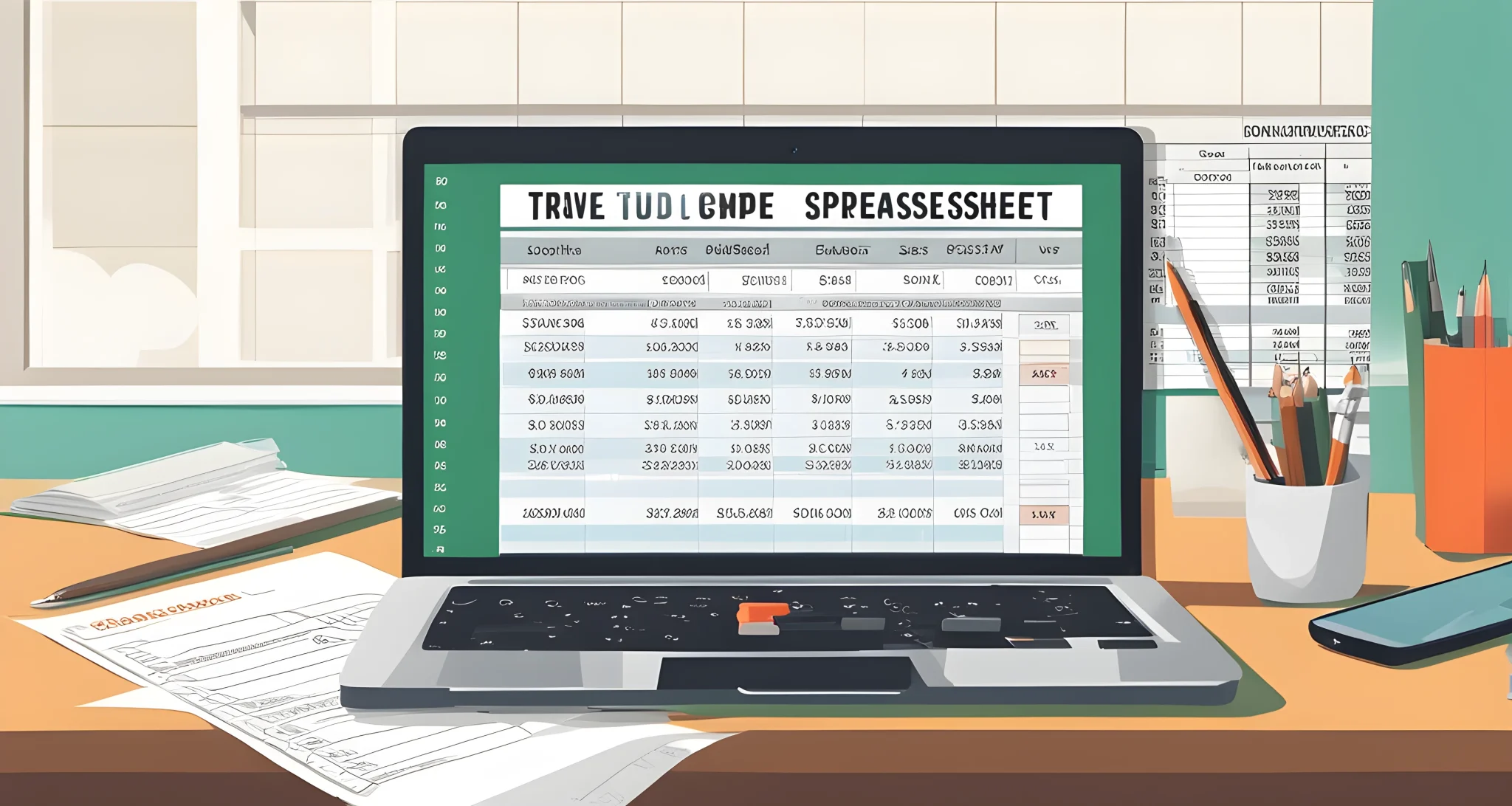 The image shows a laptop screen displaying a detailed travel budget spreadsheet with columns for expenses, estimated costs, and actual costs. A calculator and pen are also shown on the desk next to the laptop.