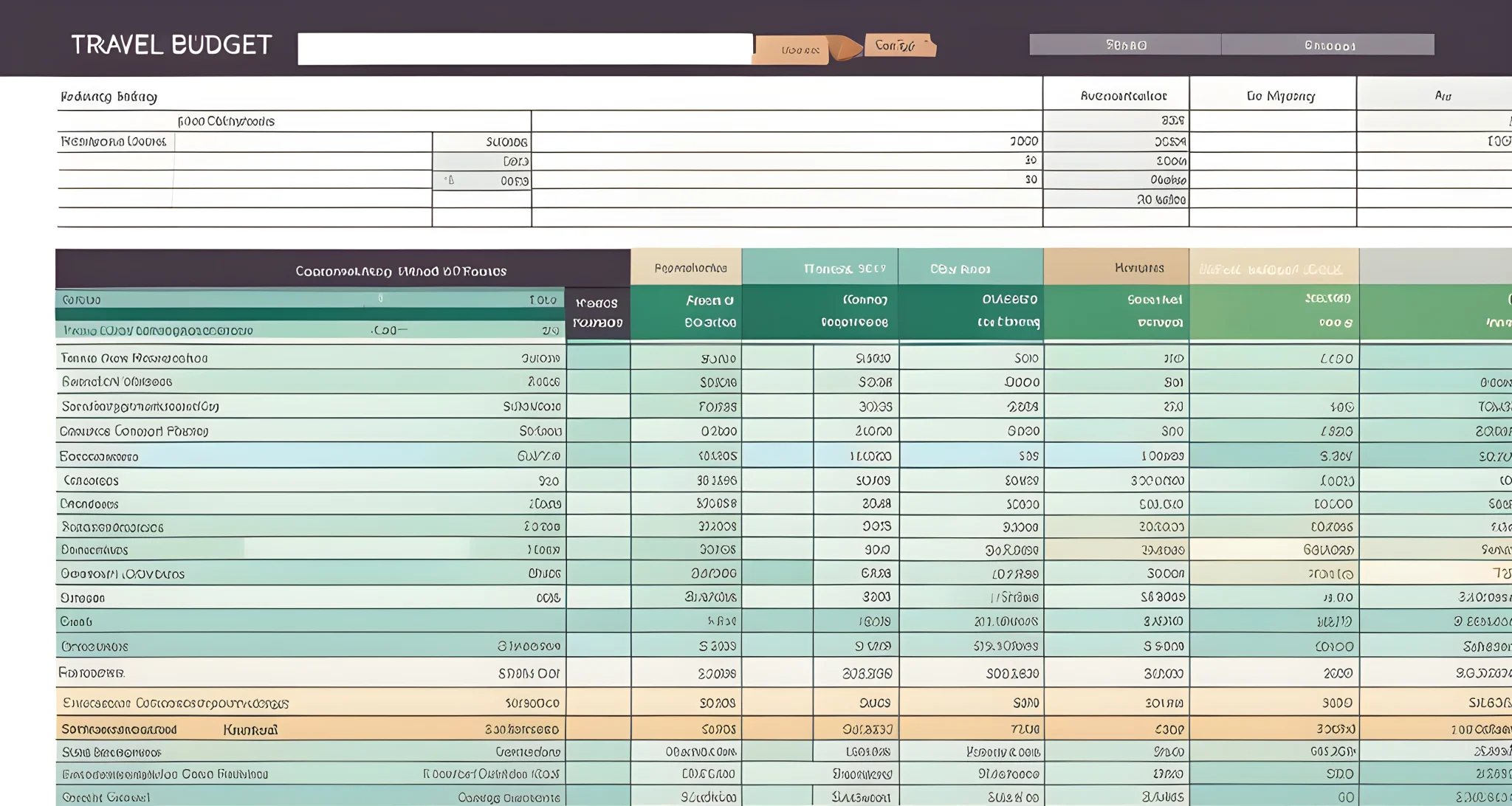 The image shows a laptop screen displaying a detailed travel budget spreadsheet. Various categories and expenses are listed, including transportation, accommodation, food, and activities.