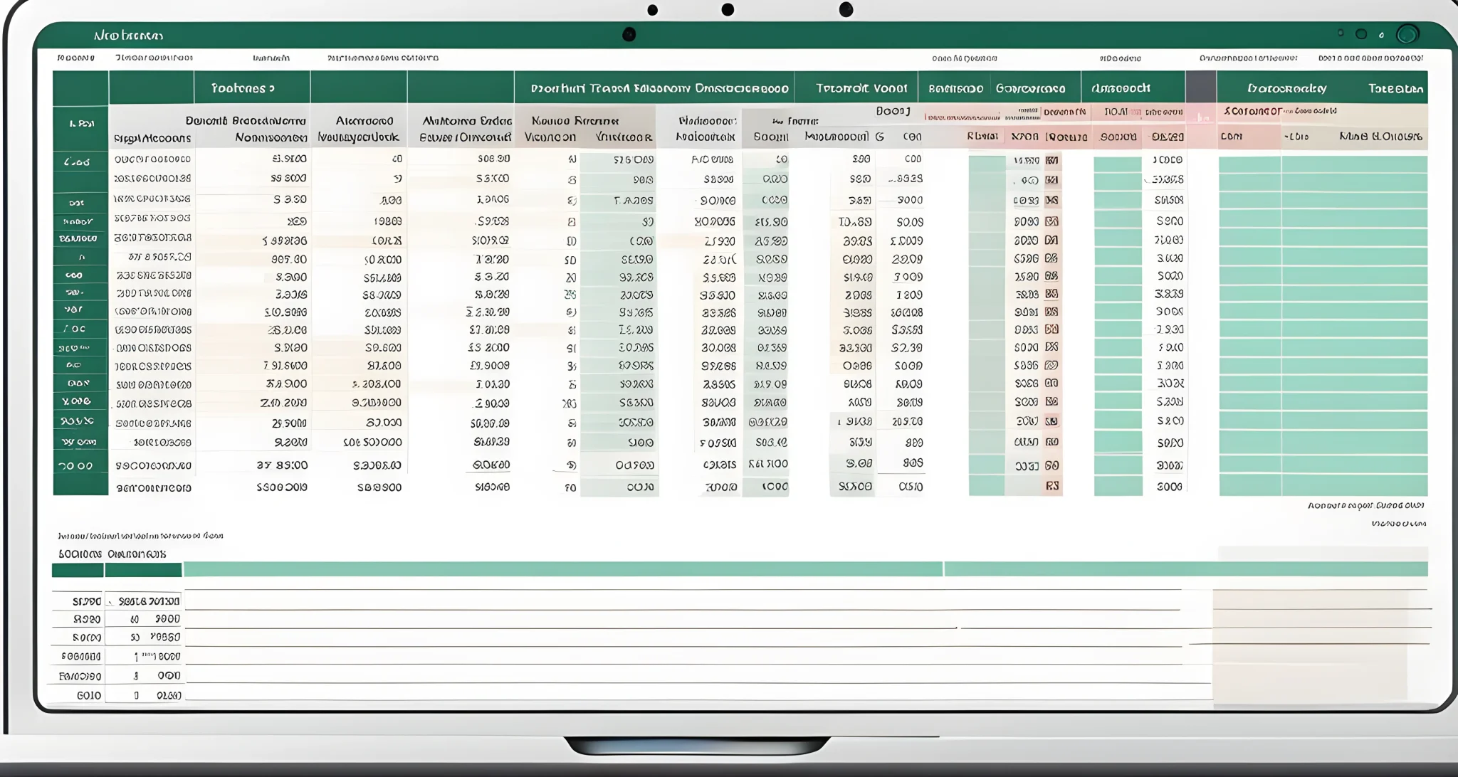 The image shows a laptop screen displaying a detailed travel budget spreadsheet with columns for expenses, transportation, accommodation, meals, and activities.