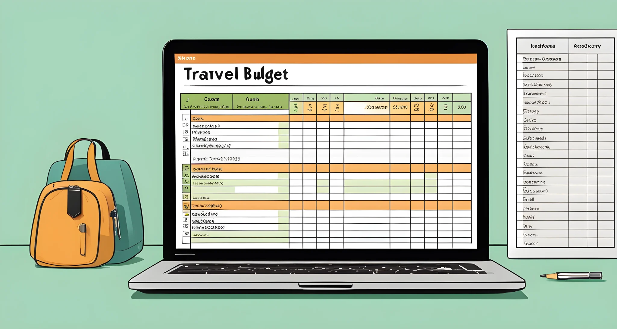 The image shows a laptop screen displaying a detailed travel budget spreadsheet with columns for expenses, estimated costs, and actual costs.