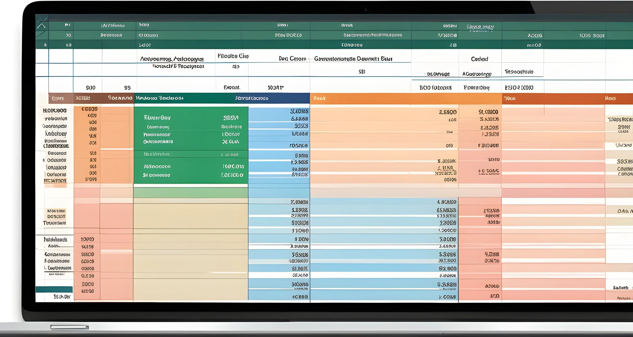 The image shows a laptop screen displaying a detailed travel budget spreadsheet with columns for food, transportation, accommodation, and entertainment expenses.