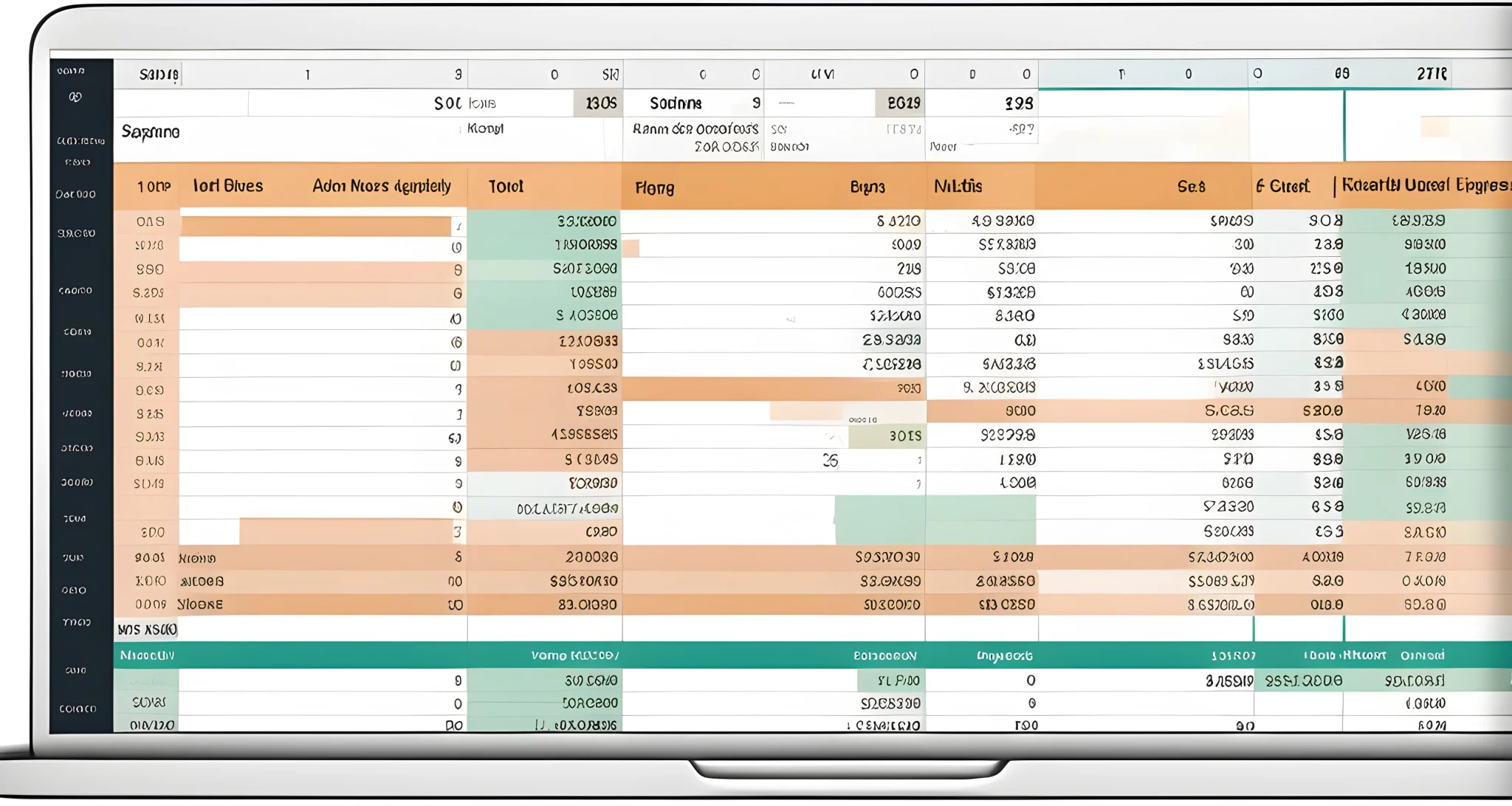 The image shows a laptop with a detailed travel budget spreadsheet open on the screen, with columns for expenses, estimated costs, and actual spending.