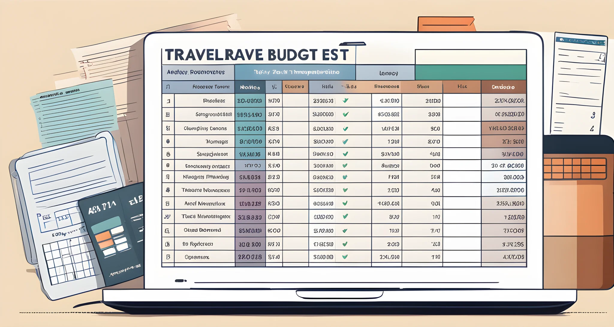 The image shows a laptop with a detailed travel budget spreadsheet open on the screen, with columns for transportation, accommodation, food, activities, and miscellaneous expenses.