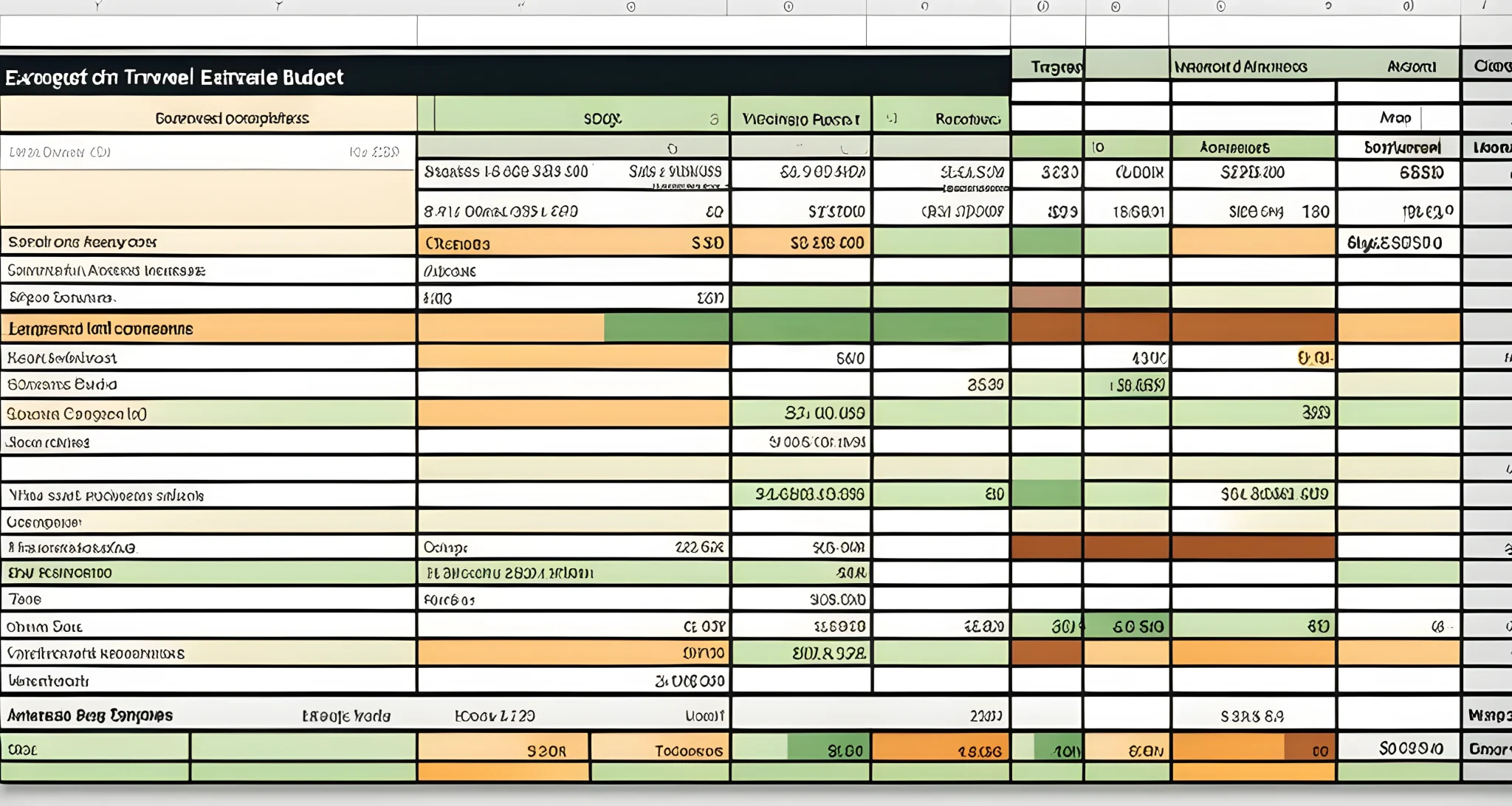 The image shows a laptop with a detailed travel budget spreadsheet displayed on the screen, with columns for expenses, estimated costs, and actual spending.