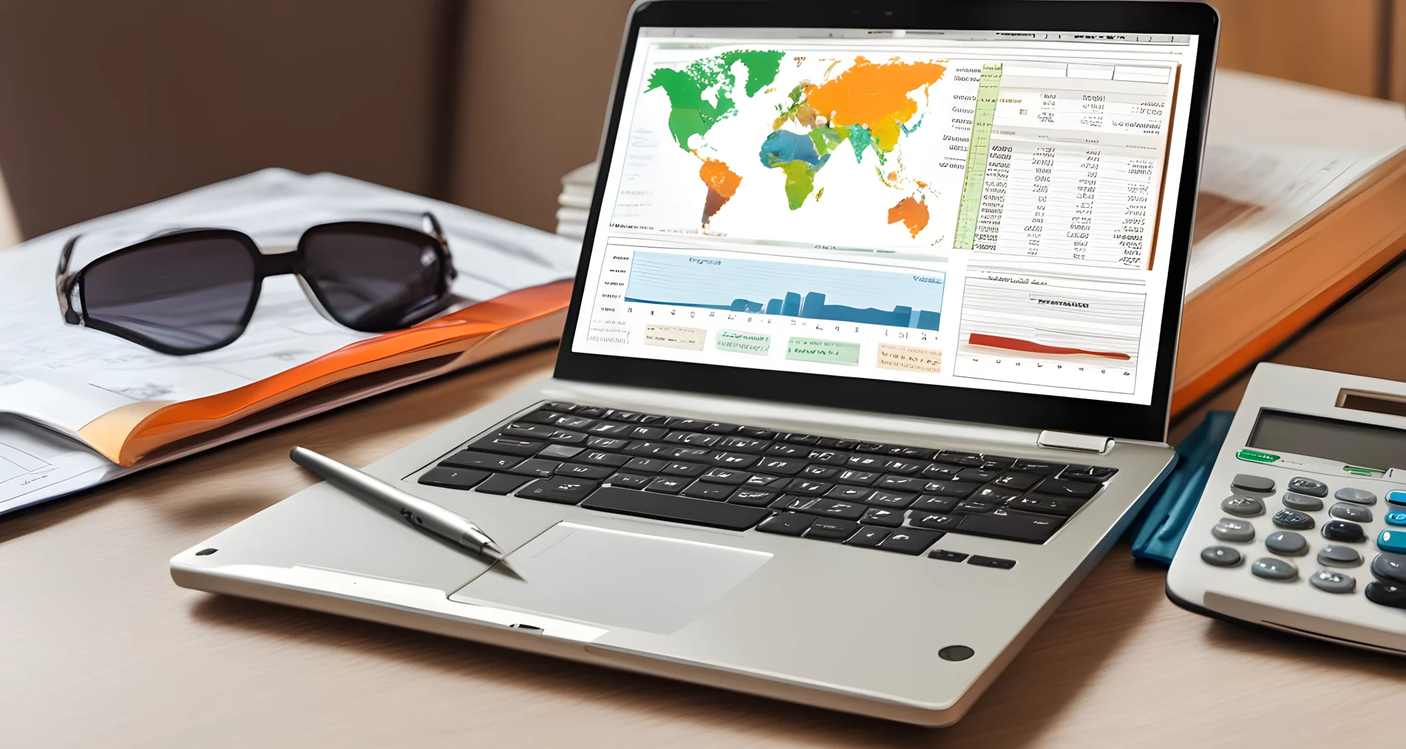 The image shows a laptop with a spreadsheet of budget calculations and a stack of travel brochures.